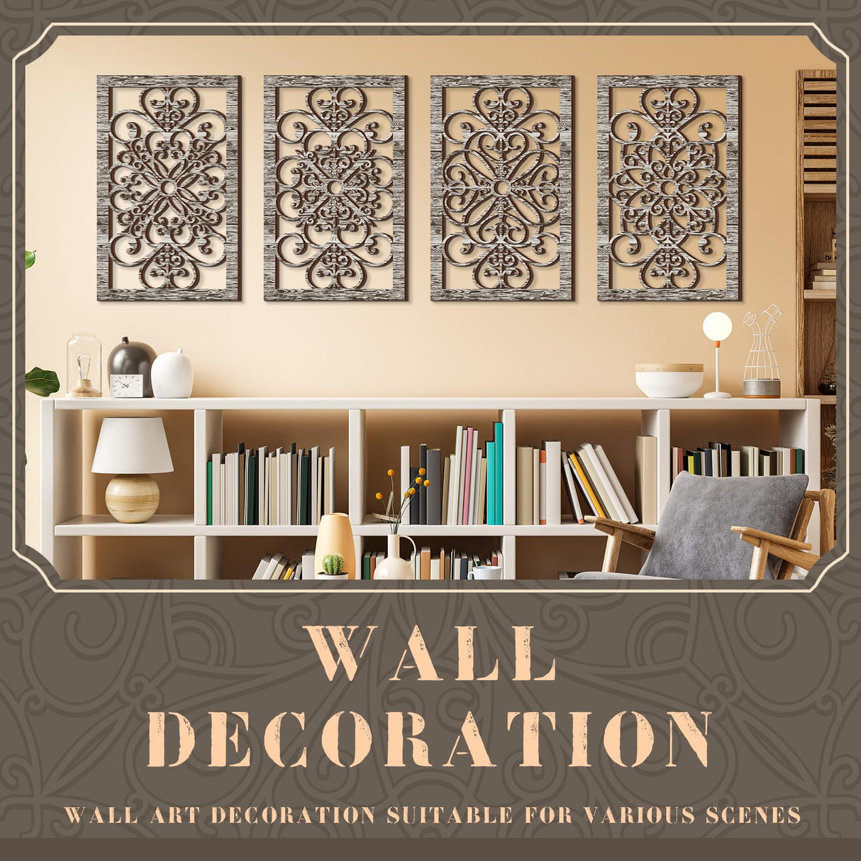 Yulejo 4 Pcs Thicken Rustic Wall Decor Modern Farmhouse Wall Art Decor Wooden Hollow Carved Design Rustic Wall Art for Living Room Hallway Decor Office Kitchen Wall (Gray,15.8 x 9.9 Inch) Yulejo