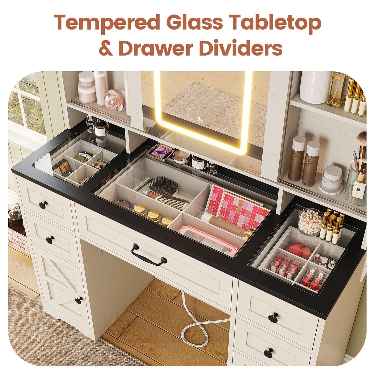 BTHFST Farmhouse Vanity Desk with Sliding Mirror and Lights, Large Makeup Vanity with Glass Top & Charging Station, Vanity Table with 5 Drawers & Shelves & Cabinets, Antique White BTHFST