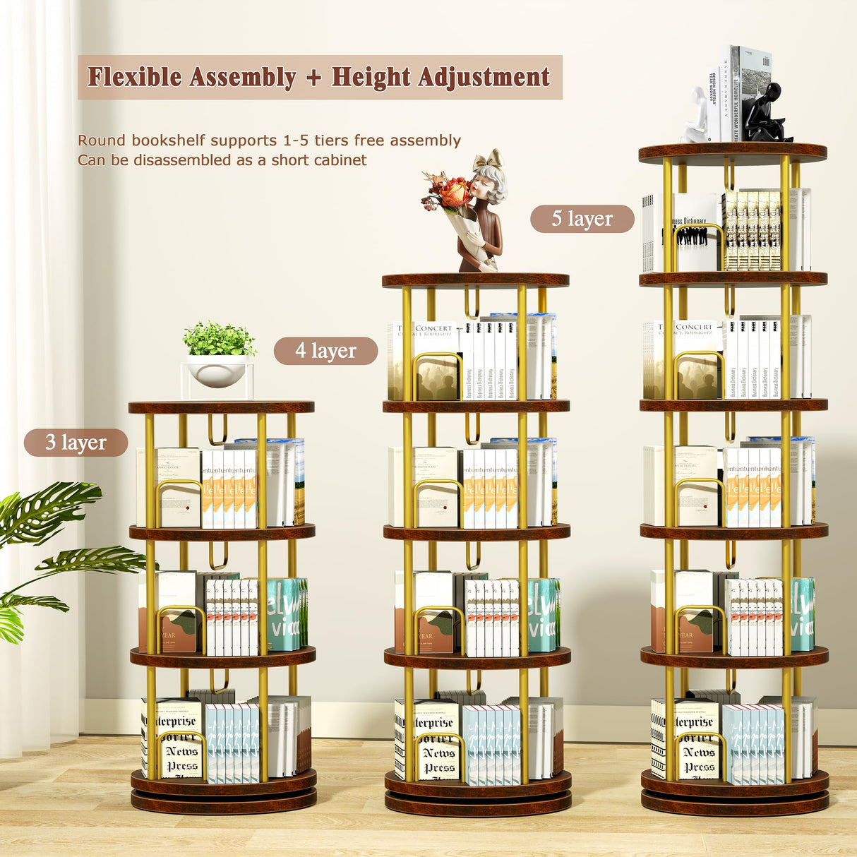 5-Tier Rotating Bookshelf, 360° Swivel Spinning Bookcase Tower - Stackable Narrow Corner Storage Organizer, Tall Floor Standing Display Shelf for Living Room, Bedroom, Office (Gold ) Generic