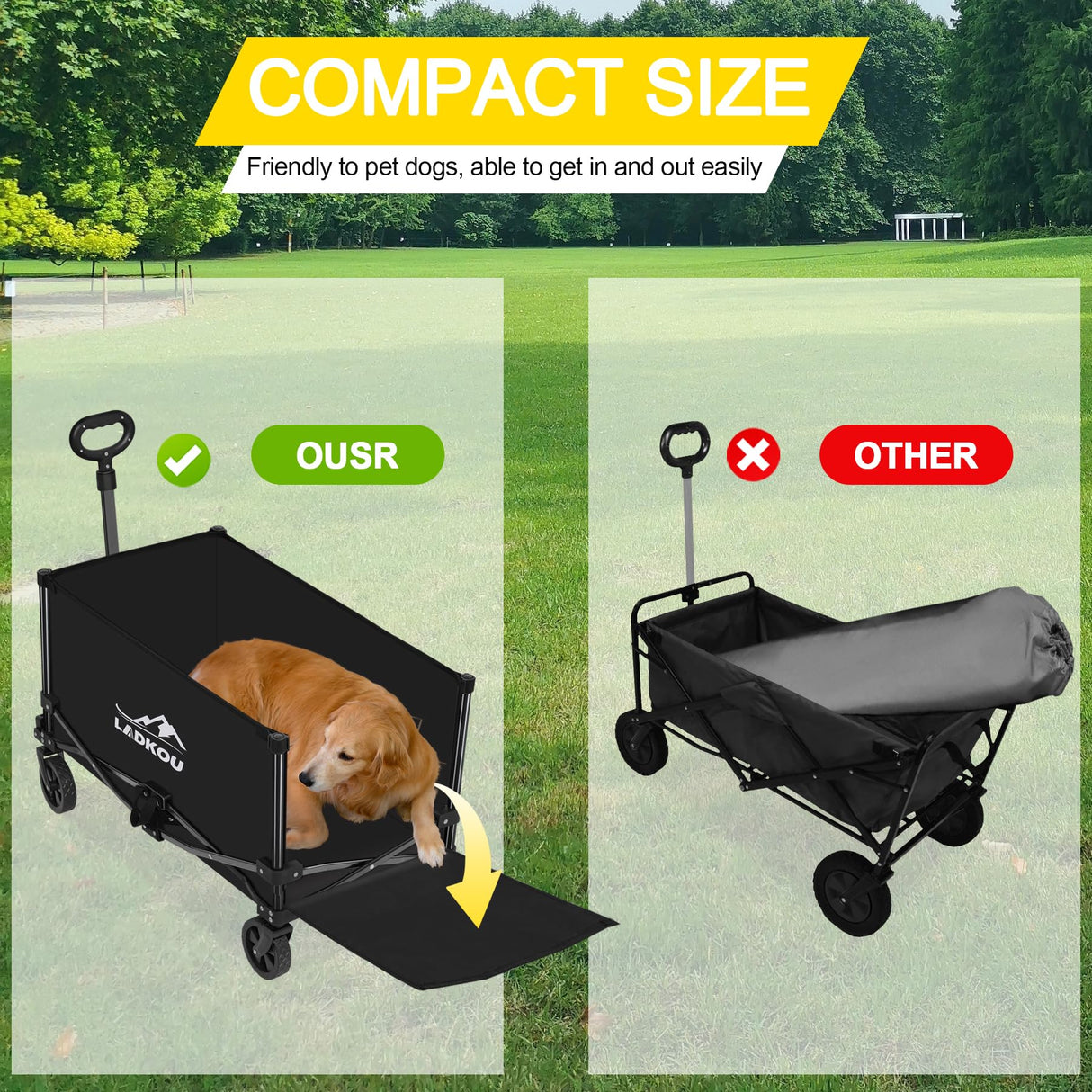 Ladkou Collapsible Foldable Wagon, Heavy Duty Beach Wagon Cart with 140L Capacity and 220LBS Load, Portable Utility Grocery Wagon for Outdoor Camping Garden, Black Ladkou