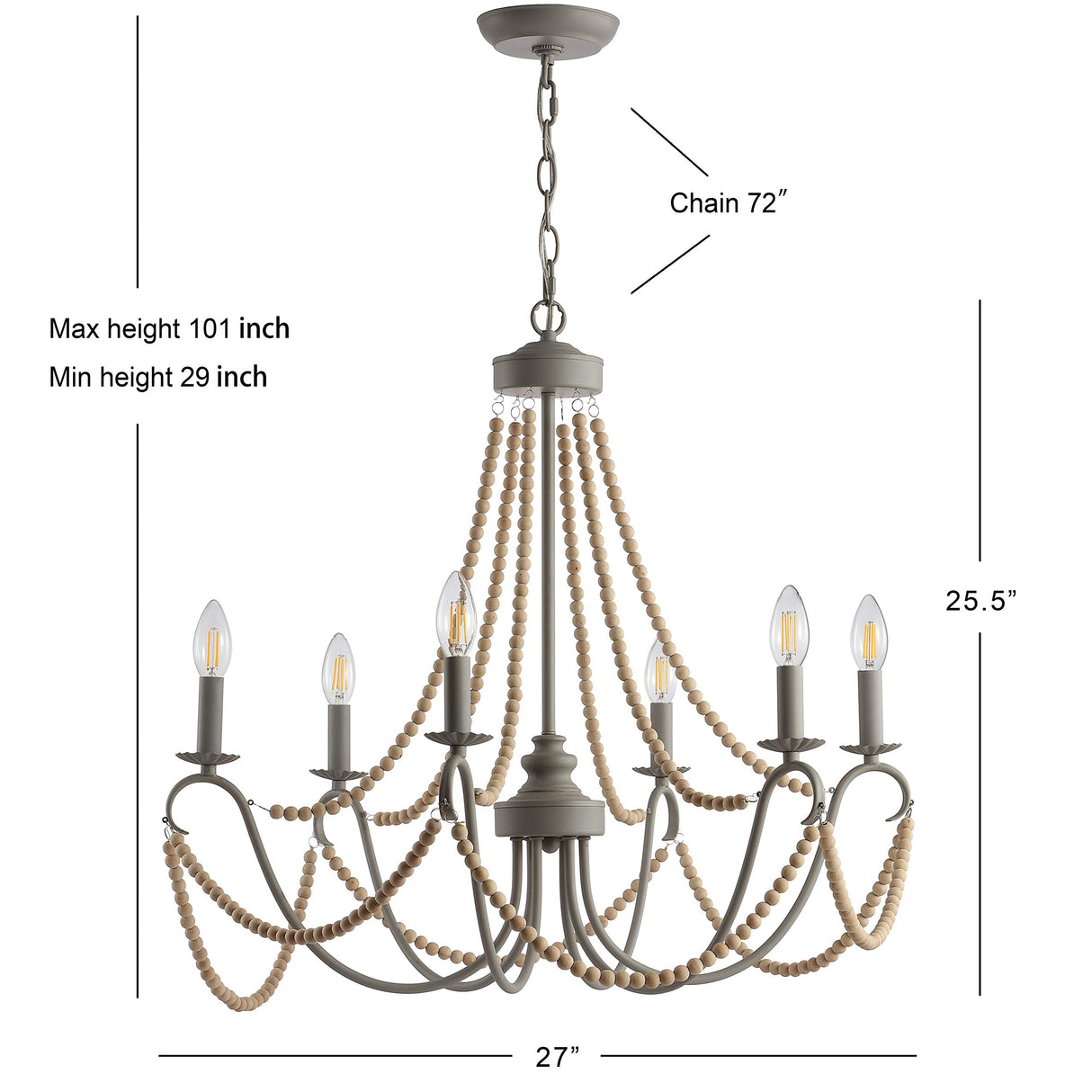 JONATHAN Y JYL9060A Rustica 6-Light 27" Adjustable Greige Metal/Wood Bead LED Chandelier Classic,FrenchCountry,Glam,Transitional Dimmable, for Dining Room, Foyer, Bedroom, Grey/Natural JONATHAN Y
