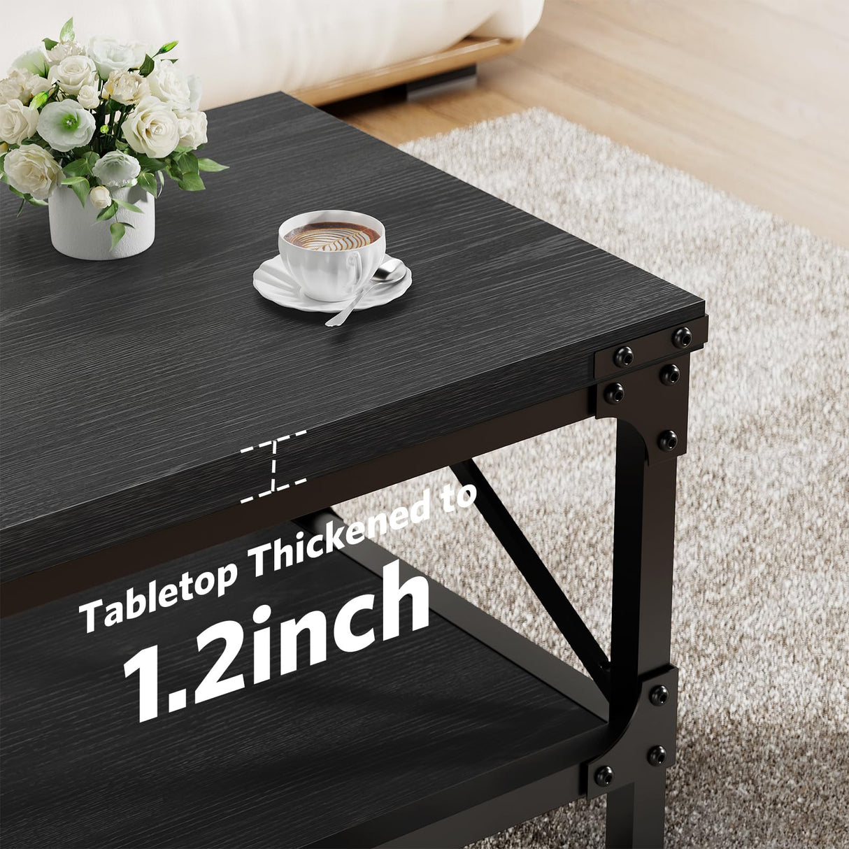 Rectangle Coffee Tables for Living Room, Wood Rectangular Coffee Table, 2 Tier Industrial Modern Center Table with Thickened Tabletop and Metal Frame, 40 inch Long (Black) AntsandAnts