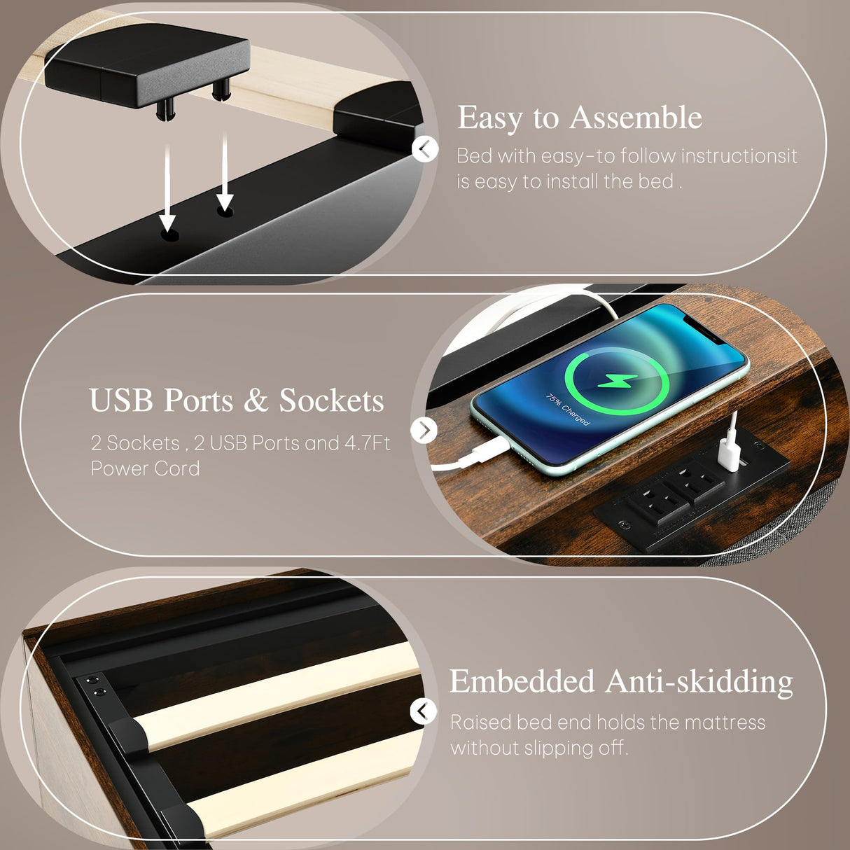 YITAHOME King Size Lift Up Bed Frame with Charging Station & RGB LED Lights, Linen Upholstered Storage Headboard Bed, Heavy Duty Wooden Slats, No Box Spring Needed, Noise Free, Rustic Brown and Grey YITAHOME