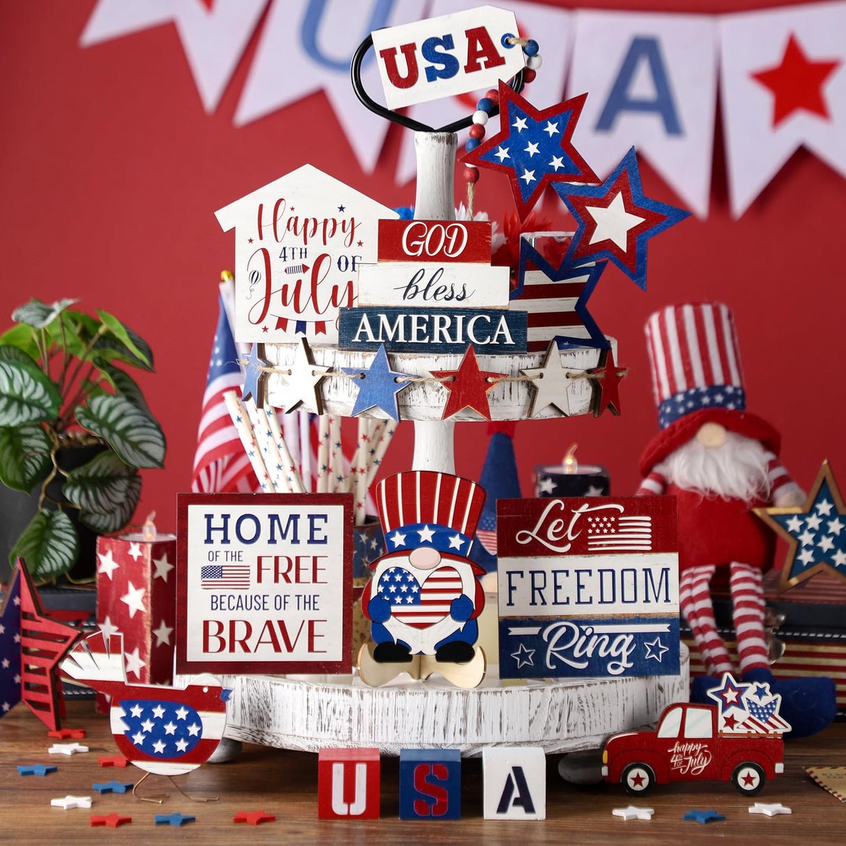 20 Pcs 4th of July Tiered Tray Decor Set - Patriotic Decorations for Independence Day & Memorial Day - Red, White & Blue Wooden Sign - Rustic Farmhouse Table Decor Mifoci