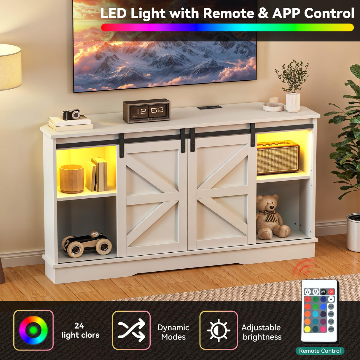 YITAHOME Corner TV Stand for 55/65 Inch TV, Corner Entertainment Center, Media Console Living Room Furniture, TV Cabinet with Sliding Barn Door, Power Outlet and LED Light Strip, White YITAHOME