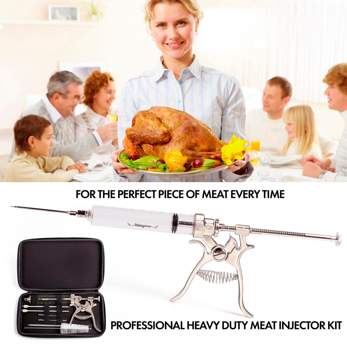 Meat Injector Syringe Stainless Steel Outdoor Meat Kit Marinade Flavor Food Injector Syringes with 3 Marinades Needles Grill Smoker Injectors Professional Syringe Held Culinary Barbecue Tool For BBG Milagroso