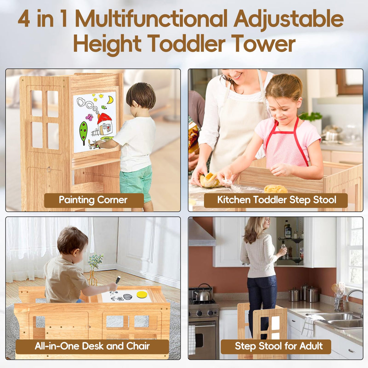 BueDeHai 4 in 1 Kitchen Toddler Step Stool, Wooden Kitchen Toddler Tower with Whiteboard and Safety Rail, Adjustable-Height Kids Learning Standing Tower for Kitchen Counter Bathroom Sink BueDeHai