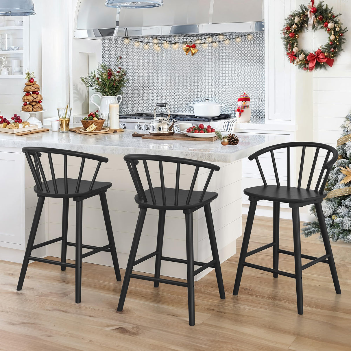 LUE BONA Wood Bar Stools with Semicircular Backrest, Black Farmhouse Barstools Set of 3, Modern Counter Height Bar Stools for Kitchen Island, 24 Inch LUE BONA