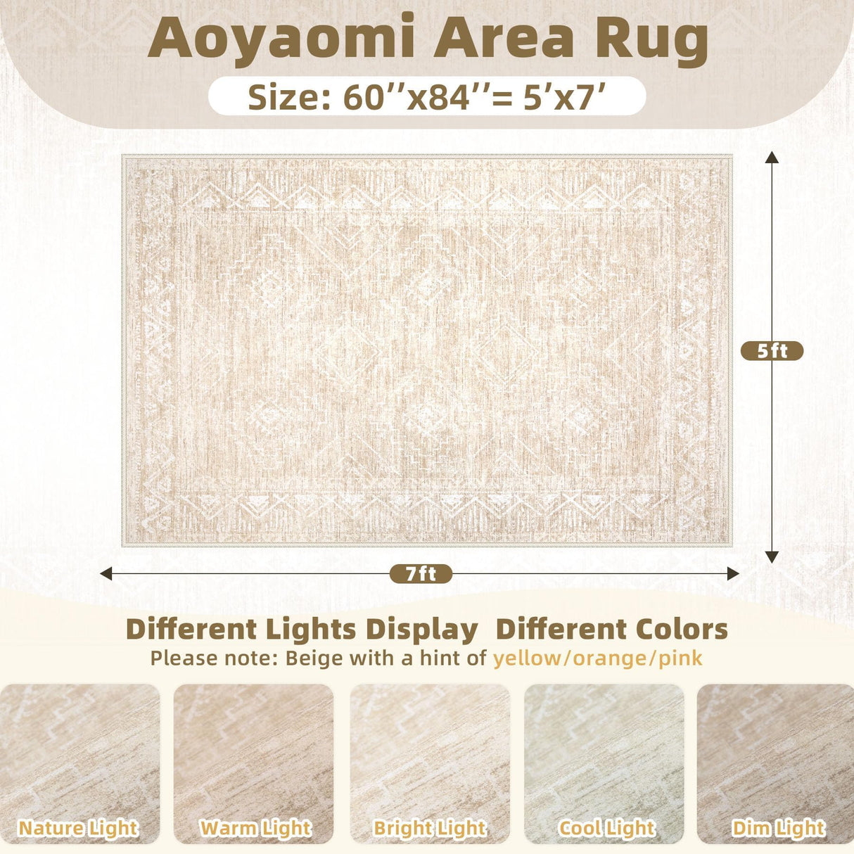 Moroccan Large Area Rug 5x7 - Soft Machine Washable Geometric Boho Distressed Farmhouse Rug Morden Stain Resistant Indoor Floor Carpet for Bedroom Dining Table Nursery Home Office (5 x 7, Beige) Aoyaomi