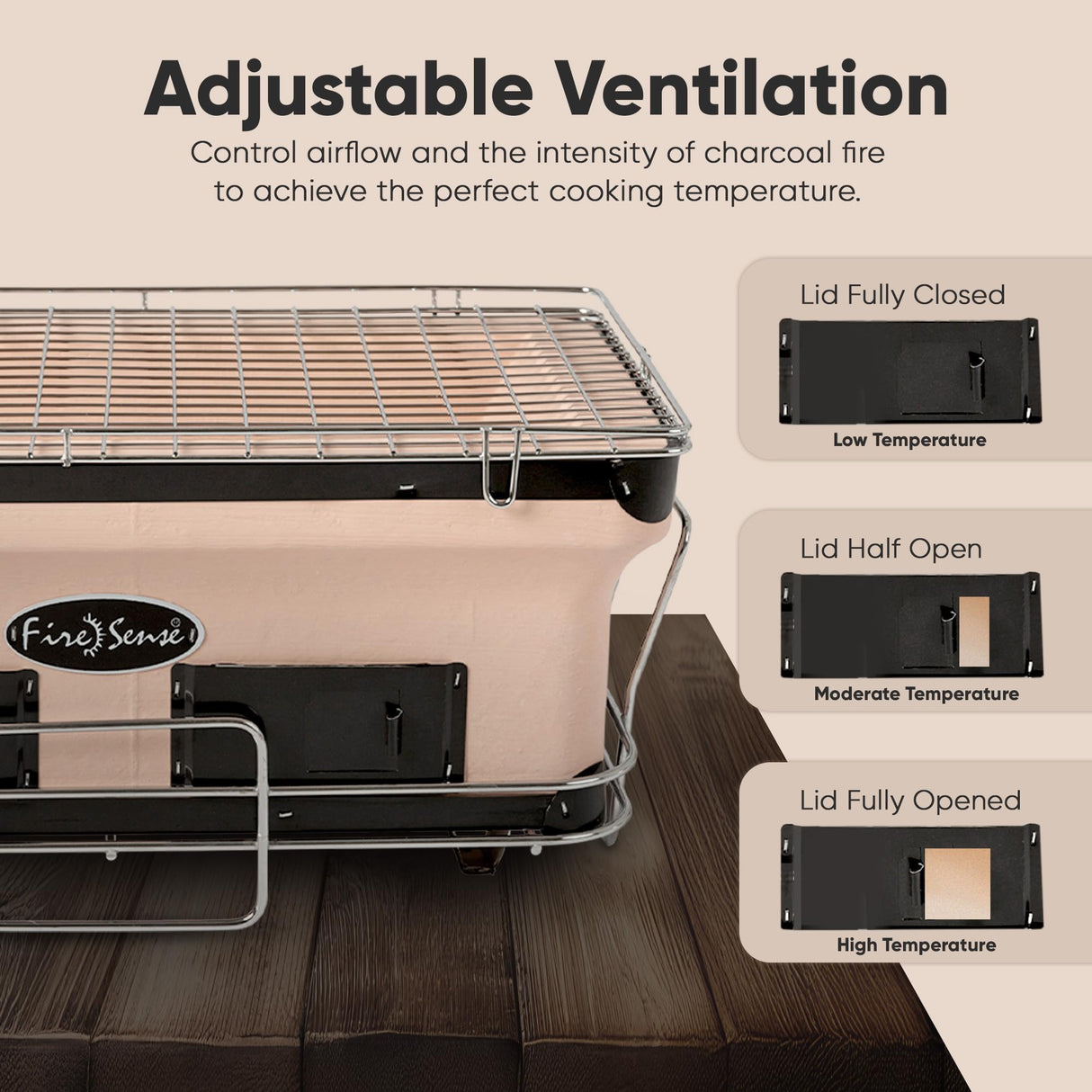 Fire Sense 60450 Yakatori Internal Grates Charcoal Chrome Cooking Grill Japanese Table BBQ Handmade Using Clay Adjustable Ventilation For Outdoor Barbecues Camping Traveling - Large - Tan Fire Sense