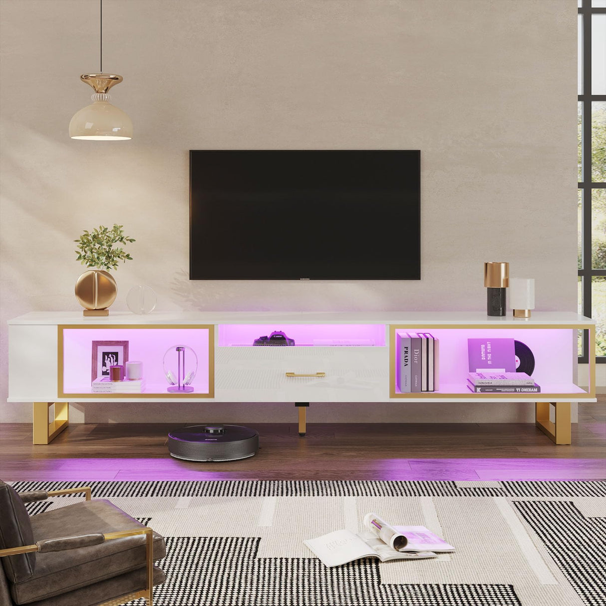 Bestier 80 Inch TV Stand for 65/75/85/90 Inch TVs, LED Gaming Entertainment Center with Open Storage and Half-Glass Design Drawer, Modern High Gloss Media Console for Living Room, White and Gold Bestier