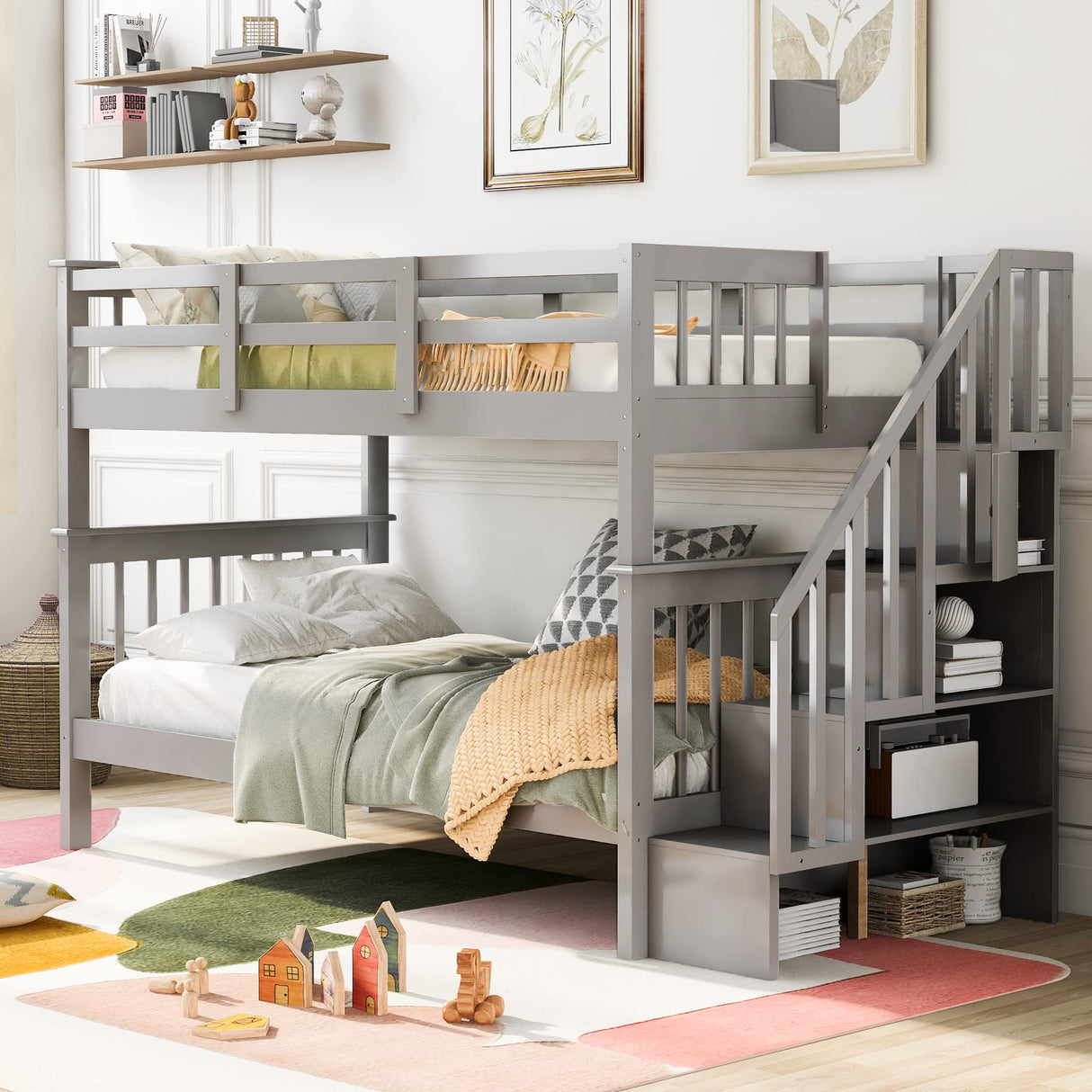 Harper & Bright Designs Twin Over Twin Bunk Bed with Stairs, Solid Wood Bunk Bed Frame with Storage and Guard Rail for Bedroom, Dorm, for Kids, Teens, Adults (Gray) Harper & Bright Designs