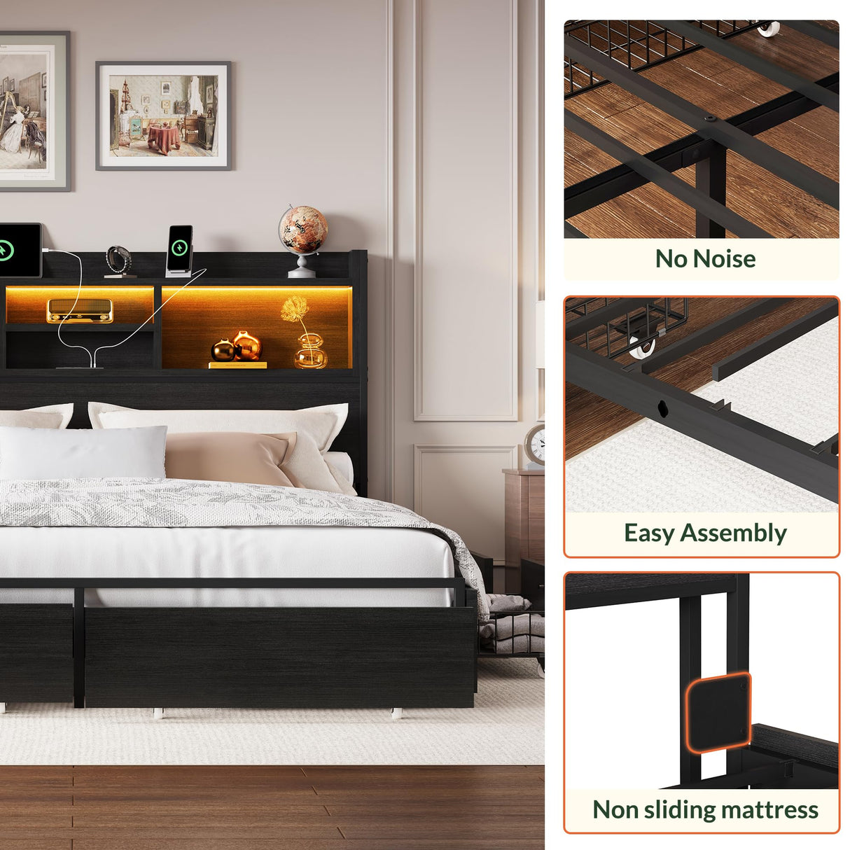 LARMACE King Size Bed Frame with 6 Storage Drawers and Headboard Wooden Platform Bed Frame with LED Lights and Charging Station Easy Assembly/No Box Spring Needed/Black LARMACE