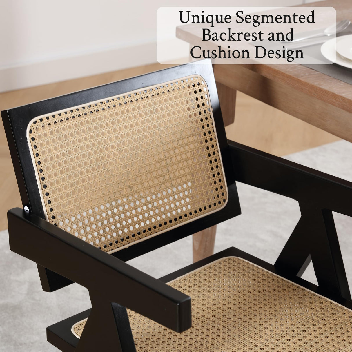 GOOLON Rattan Dining Chairs Set of 4, Rattan Chairs 18 Inch Seat Height for Dining Room, Modern Cane Dining Chair with Woven Backrest, Comfortable Seat, Sturdy Wood Frame for Indoor Kitchen, Black GOOLON