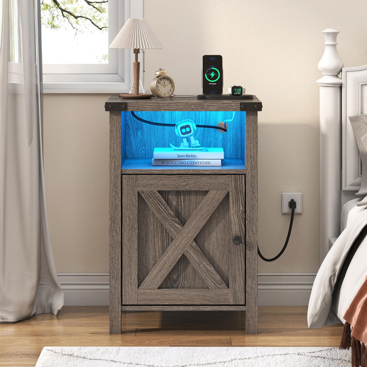 Hlivelood Farmhouse LED Nightstand Set of 2 with Charging Station, Rustic End Table with Barn Door & Storage Shelf, Bedside Table for Bedroom, Living Room, Grey Hlivelood