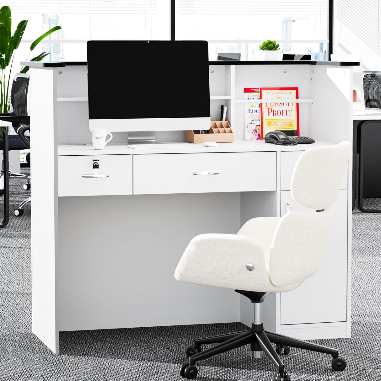 OUTGUAVA Modern Front Desk & Reception Desk with LED Lighting, 50-inch Retail Counter with Power Socket, DIY Stripe for Checkout, Lobby, Salon, Offices - White OUTGUAVA