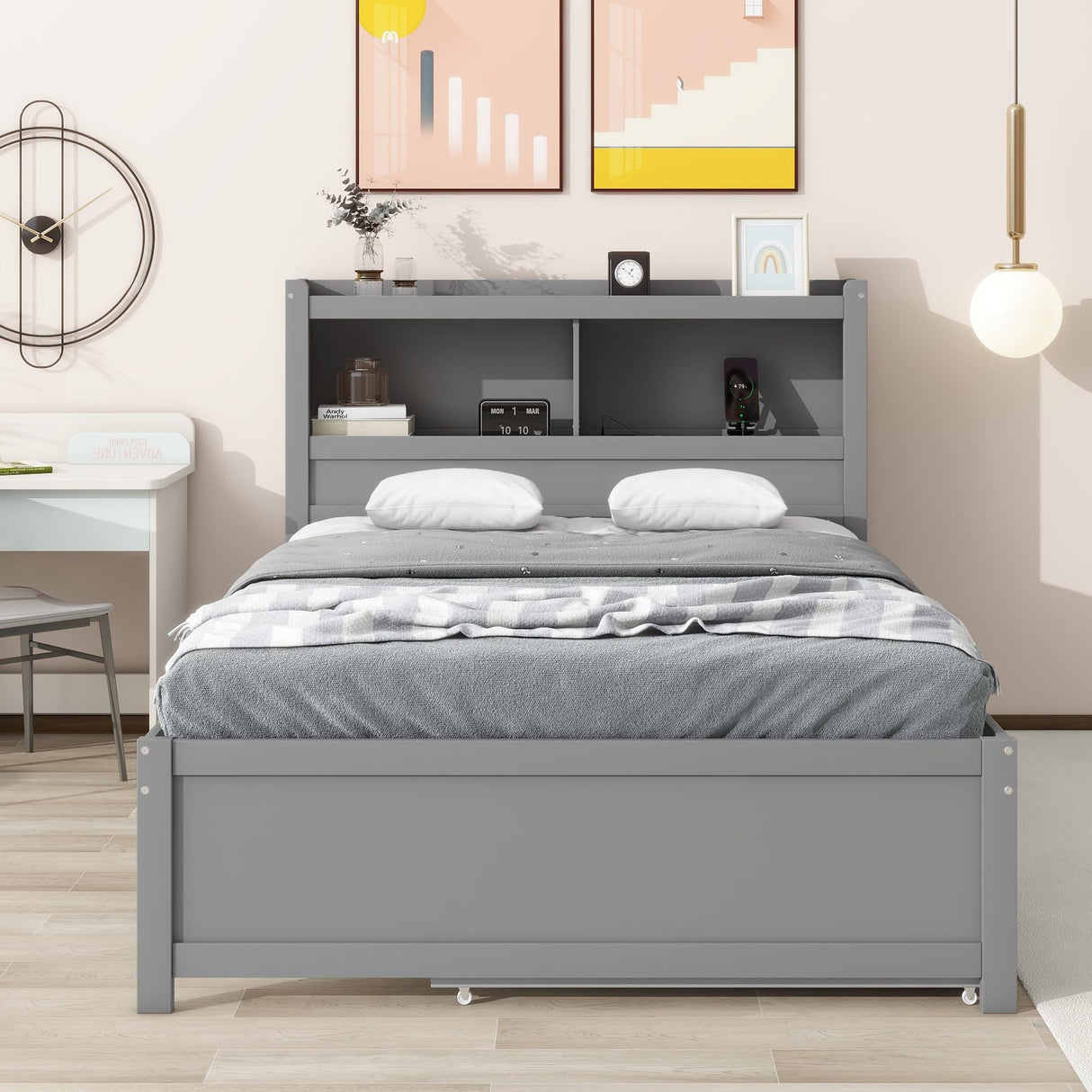 Harper & Bright Designs Full Size Platform Bed with Trundle, Drawers and Bookcase Headboard with USB Plugs, Hardwood Full Size Bed Frame, No Box Spring Needed - Gray Harper & Bright Designs
