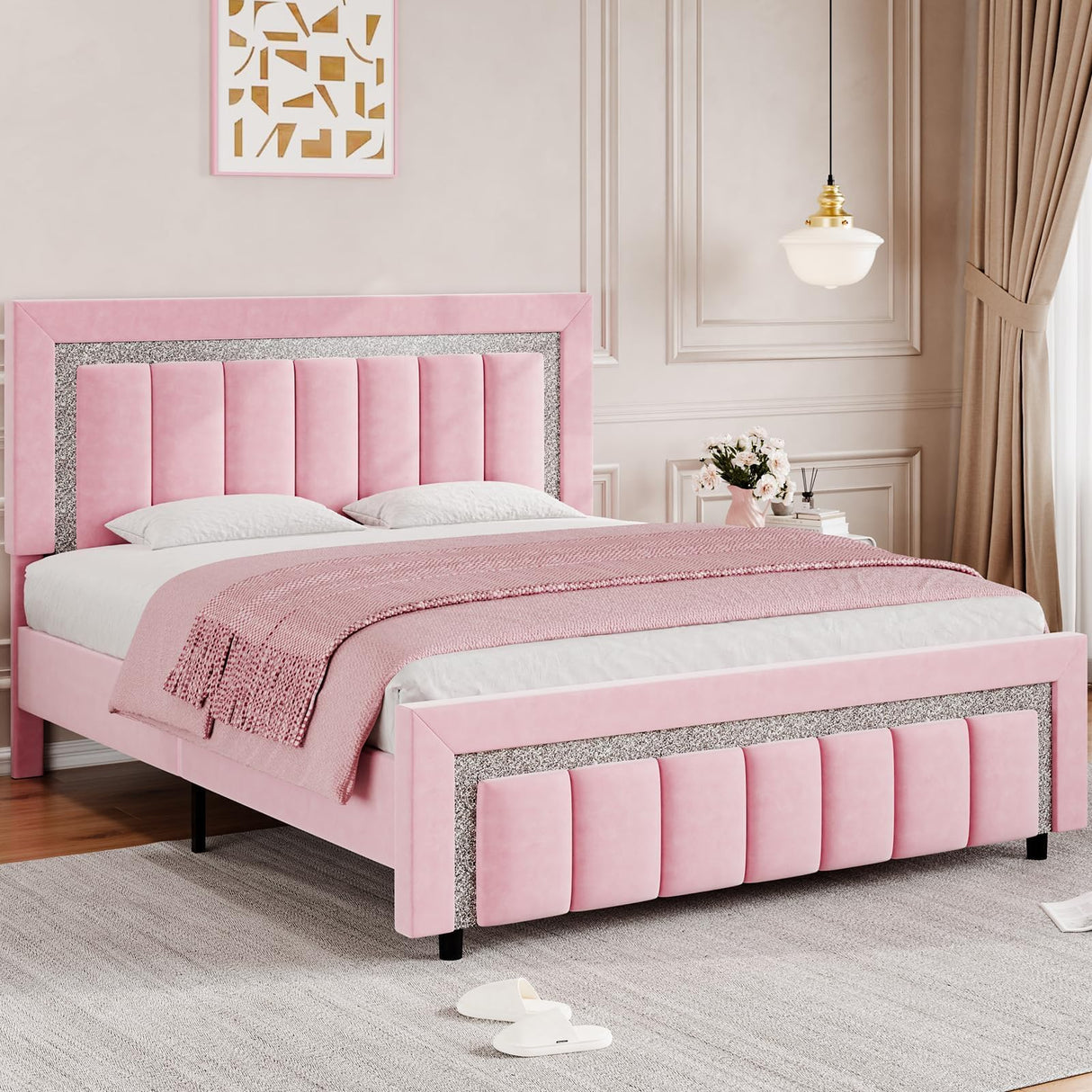 HOMBCK Full Size Bed Frame, Velvet Upholstered Bed Frame with Diamond Tufted Headboard and Footboard, Pink Bed Frame Full, Vertical Channel Tufted Design, No Box Spring Needed, Easy Assembly, Pink HOMBCK
