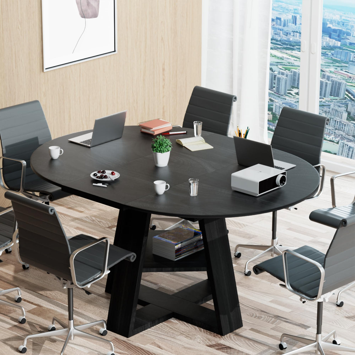 43.3in-59in Extendable Round Conference Table for 4-6 People,Wooden Oval Meeting Room Table with Removable Leaves,Space Saving,Office Table with Storage Shelf for for Office Conference Room Mxtxmy