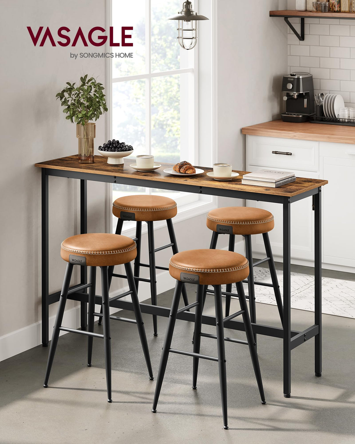 VASAGLE Bar Table, Narrow Long Bar Table, Kitchen Dining Table, High Pub Table, Sturdy Metal Frame, Industrial Design, 15.7 x 55.1 x 35.4 Inches, Rustic Brown and Ink Black ULBT140B01 VASAGLE