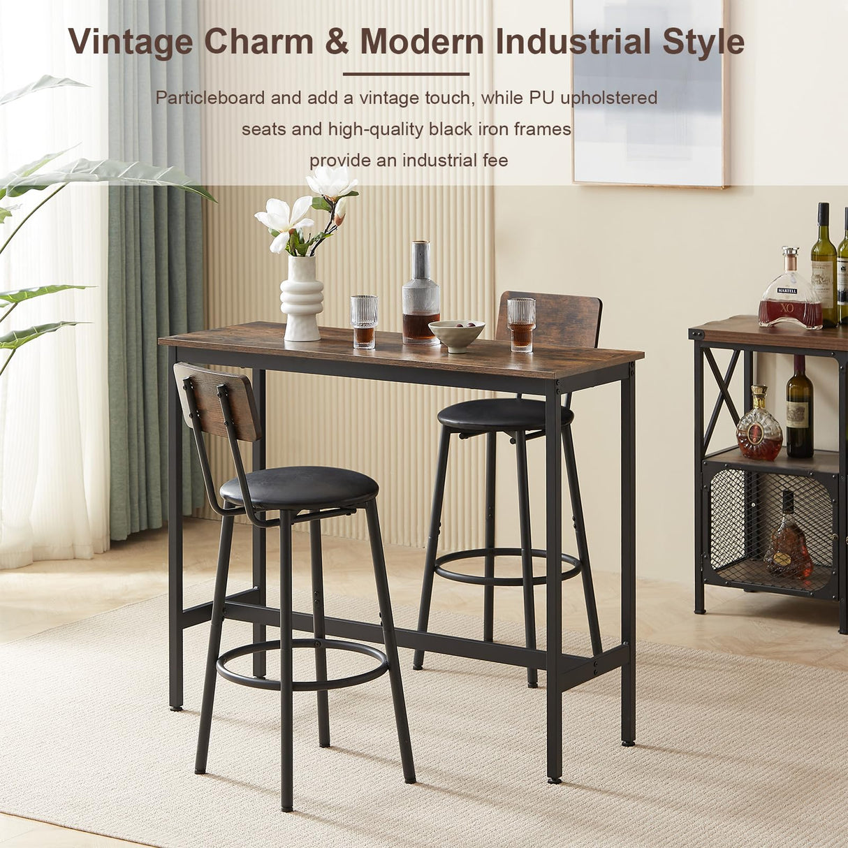 VEPXXP Industrial Bar Table and Chairs Set for 2, 3-Piece Rectangular Pub Table with 2 Stools & Backrest, Counter Height Small Kitchen Table with Bar Chairs for Dining Room Small Space, Rustic Brown VEPXXP