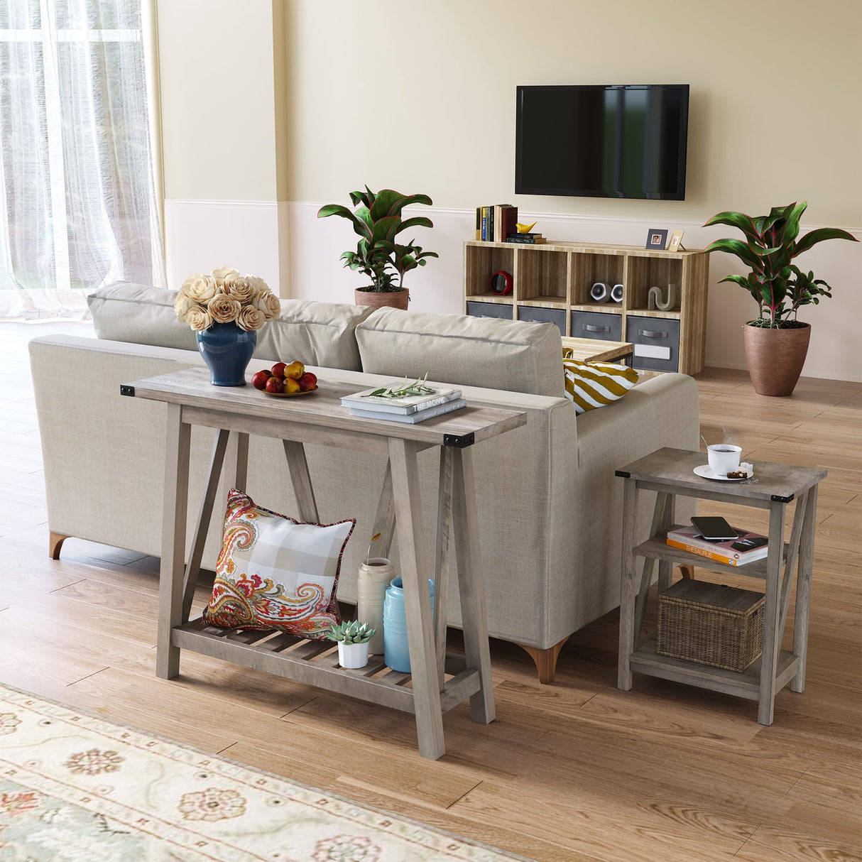 JOINHOM Farmhouse Console Table for Entryway - Wood Entryway Tables with Shelves, Sofa Table for Entryway, Living Room, Hallway, Gray JOINHOM