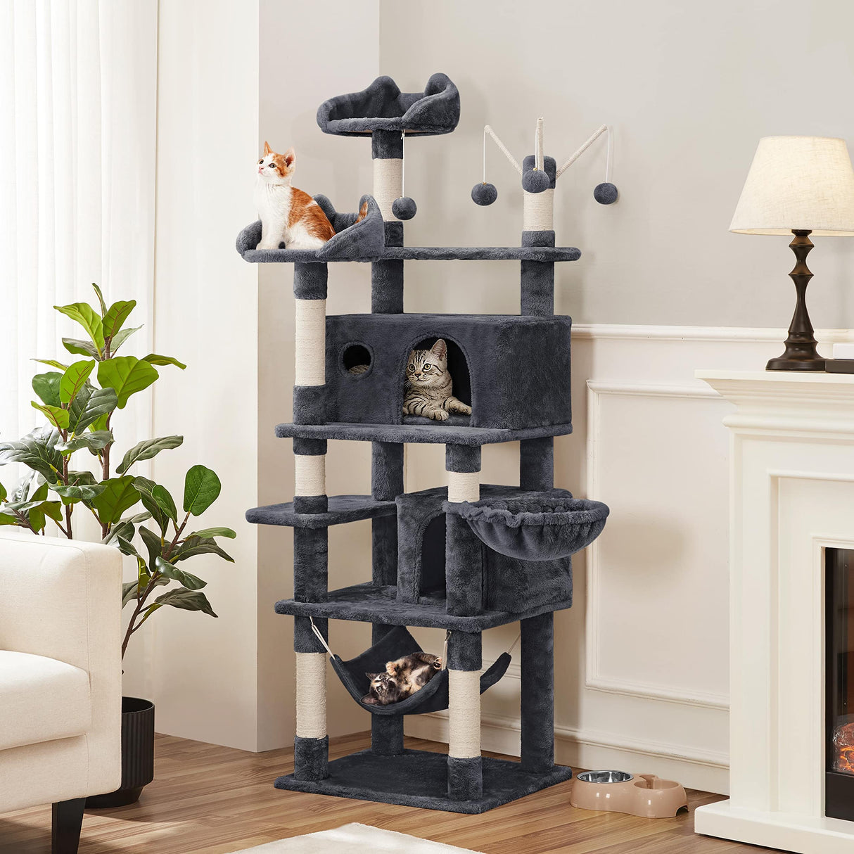 Yaheetech Cat Tree, 67in Cat Tower for Indoor Cats, Multi-Level Cat Condos with 3 Removable Cat Teaser Sticks, Activity Center Furniture Climbing Tower w/Scratching Posts, Hammock, Basket Yaheetech