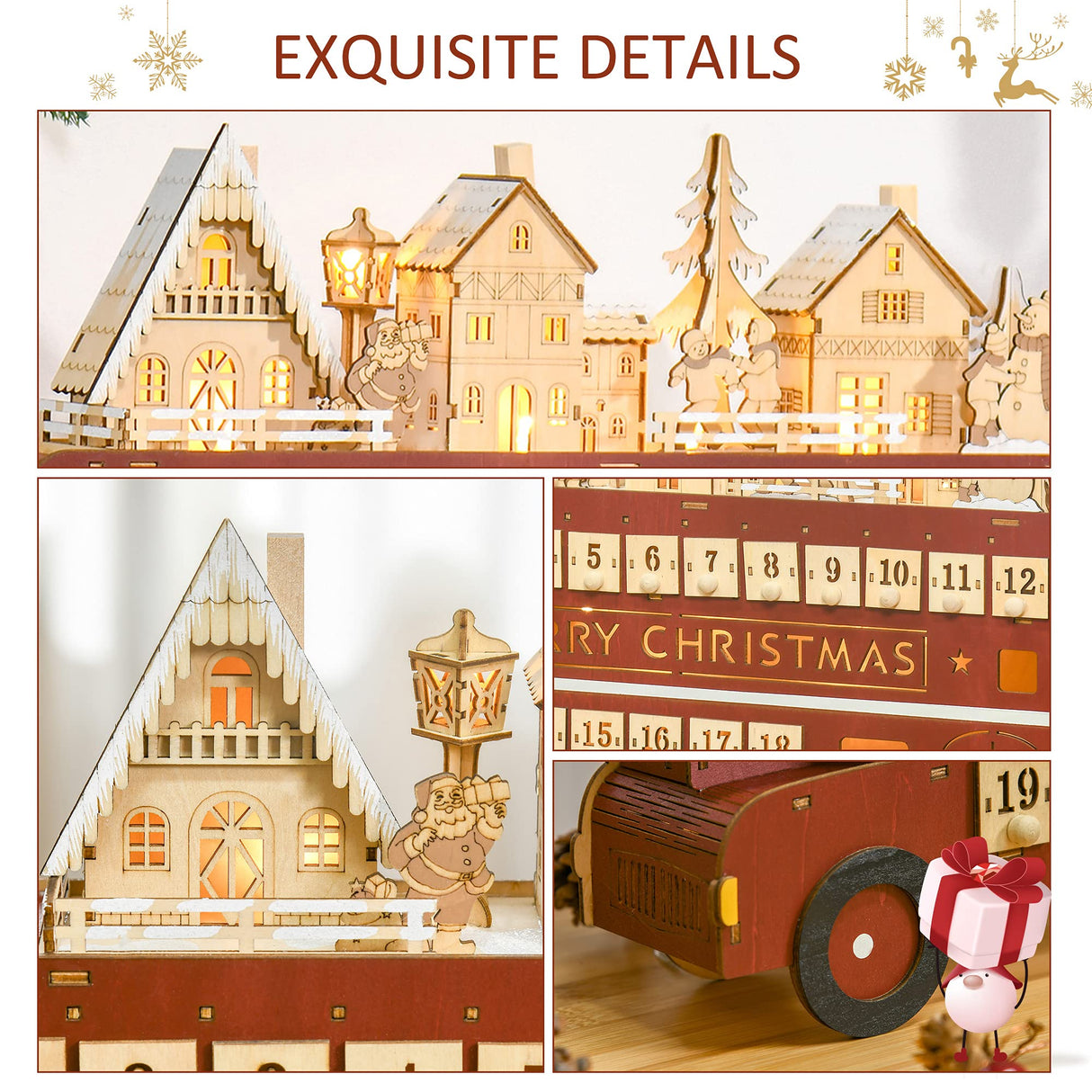 HOMCOM Christmas Advent Calendar, Light Up Table Xmas Wooden Bus Holiday Decoration with Countdown Drawer, Santa Claus Street House, for Kids and Adults HOMCOM