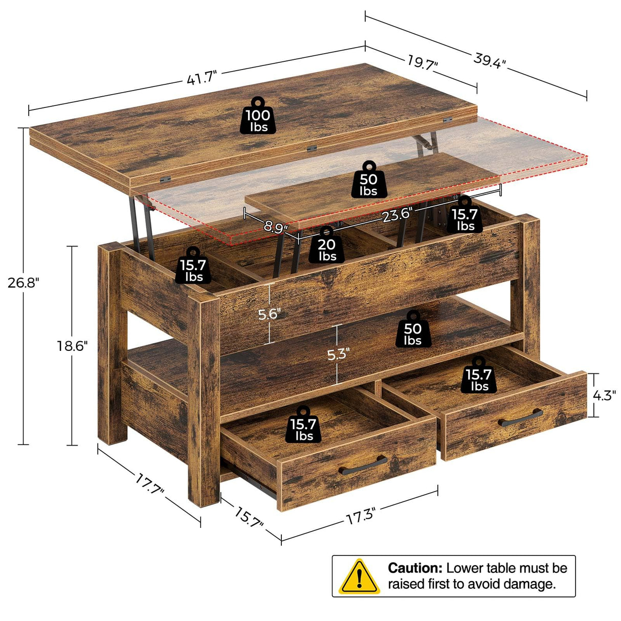 Rolanstar Coffee Table Lift Top, Multi-Function Convertible Coffee Table with Drawers and Hidden Compartment, Converts to Dining Table for Living Room, Home Office, Rustic Brown Rolanstar