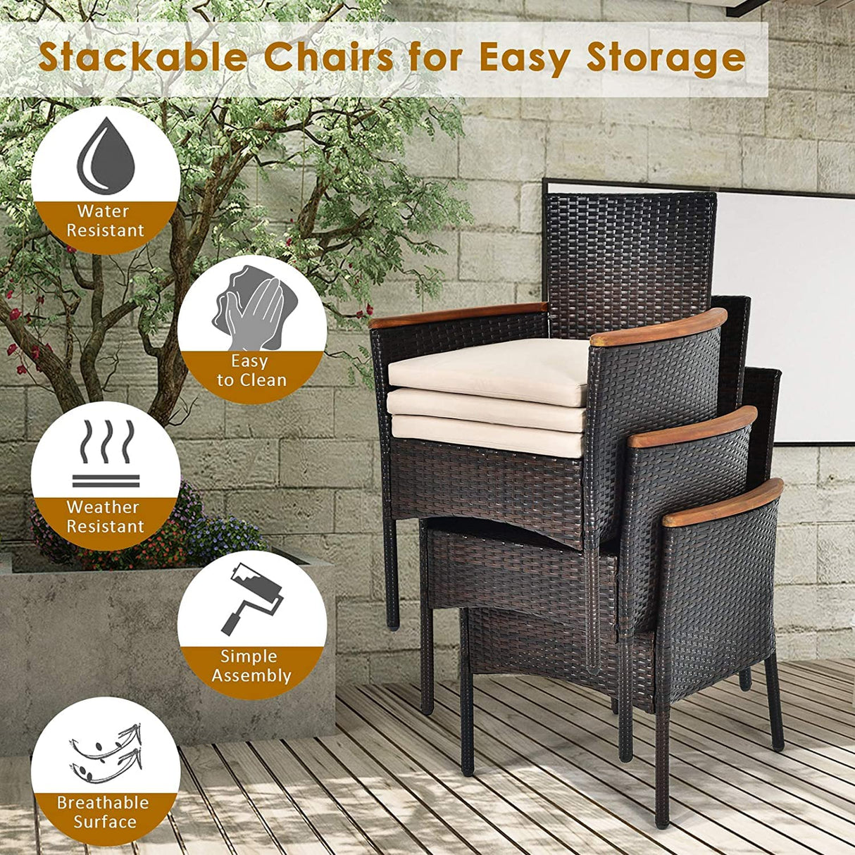 HAPPYGRILL 7 Pieces Patio Dining Set Outdoor Rattan Wicker Dining Set with Umbrella Hole, Removable Cushions, Table & Chairs Set with Acacia Wood Table Top HAPPYGRILL