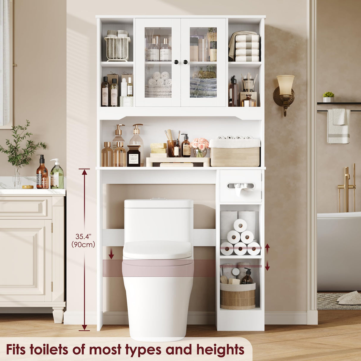 FACBOTALL Over The Toilet Storage Cabinet, Bathroom Organizer with Glass Doors and Paper Holder, Bathroom Shelf Over Toilet, Space-Saver for Restroom, Laundry, White FACBOTALL