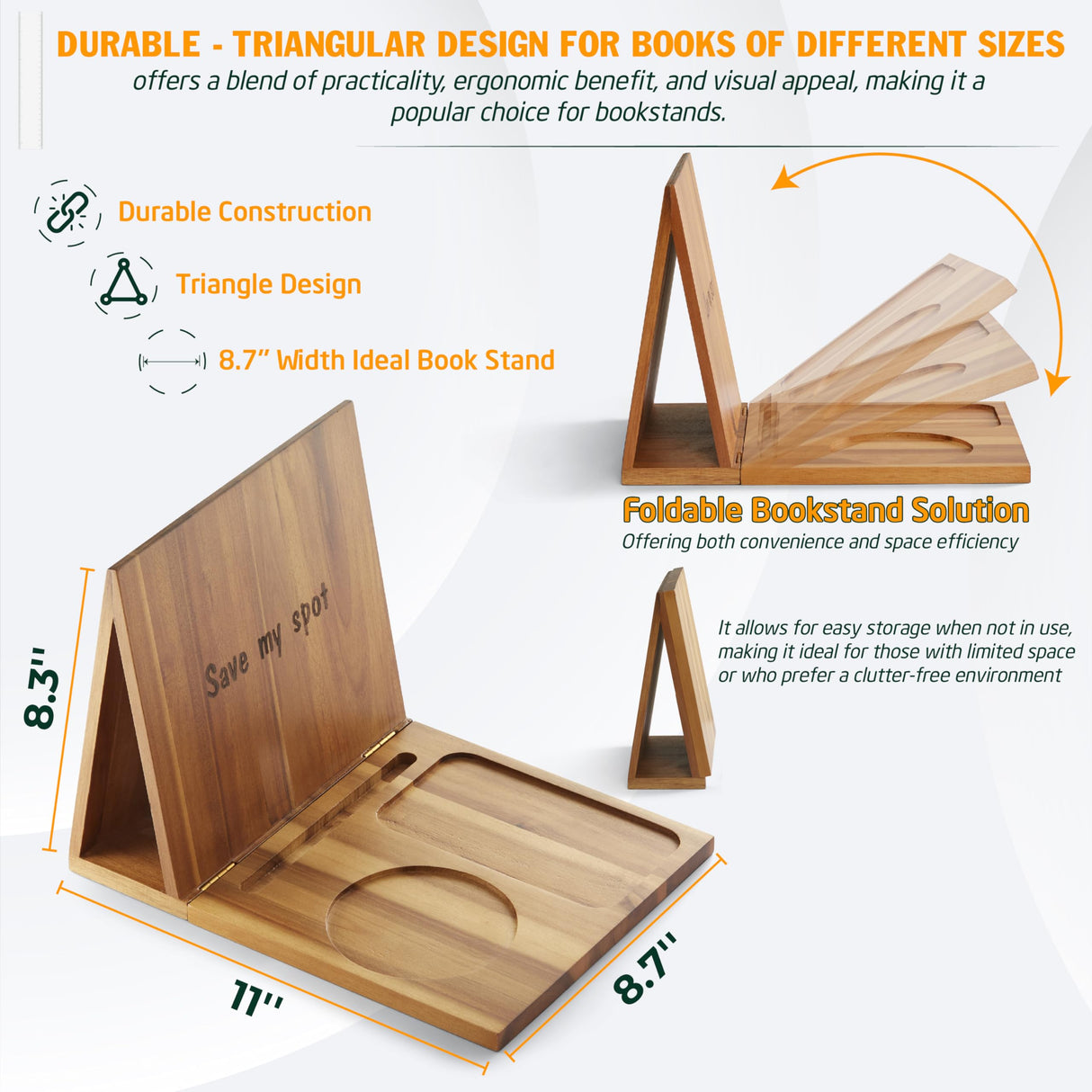 NAGAWOOD Triangle Book Holder, Book Rest, Acacia Foldable Book Nook Reading Valet, Triangle Book Stand with Cup, Pen, Glasses and Phone Holder for Bedroom, Nightstand or Office, Gifts for Book Lover NAGAWOOD