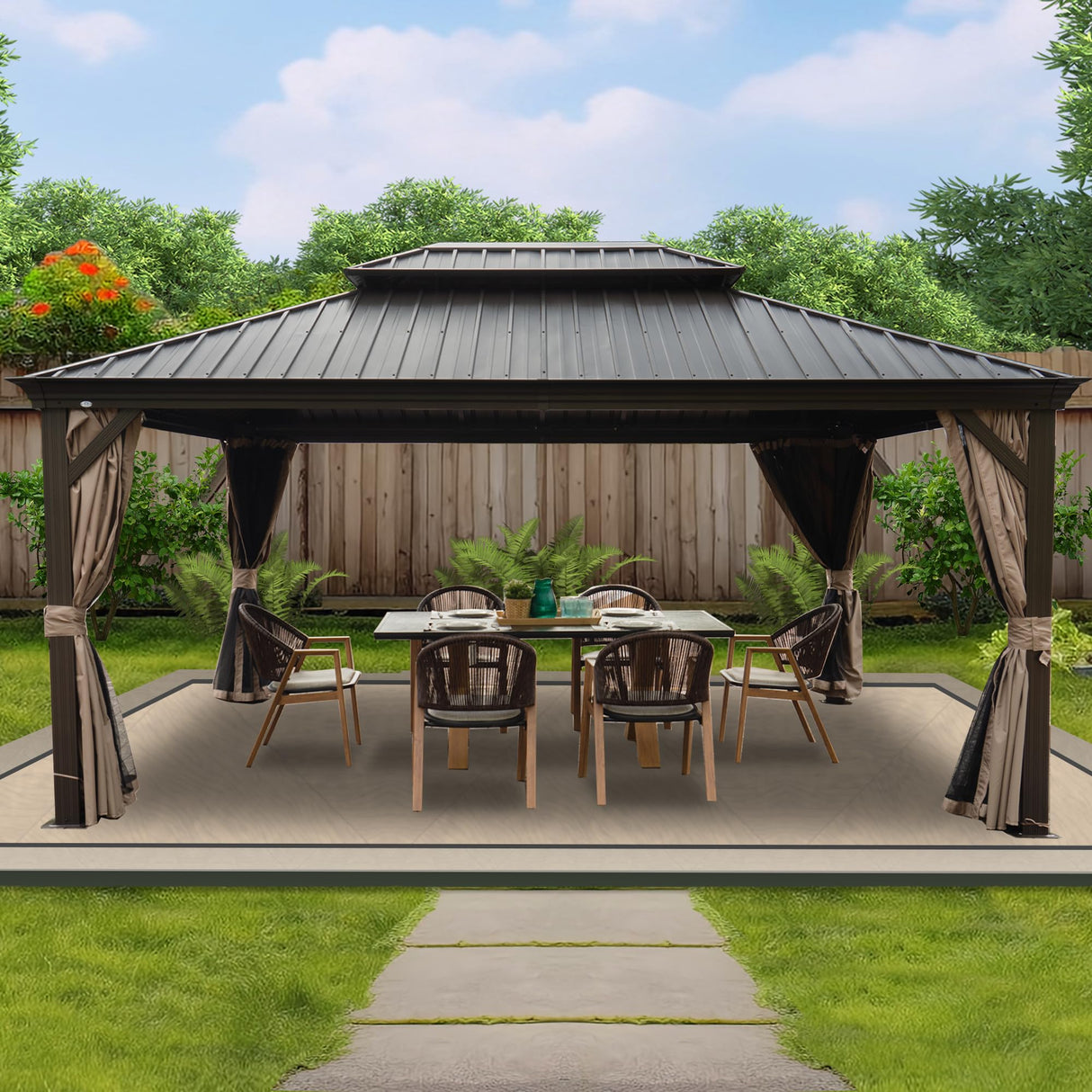Kozyard Alexander 12‘ X 16’ Hardtop Aluminum Permanent Gazebo with a Mosquito Net and Privacy Sidewalls, Permanent Gazebo Pavilion for Patio, Backyard (Alexander 12'x16' (Brown)) Kozyard