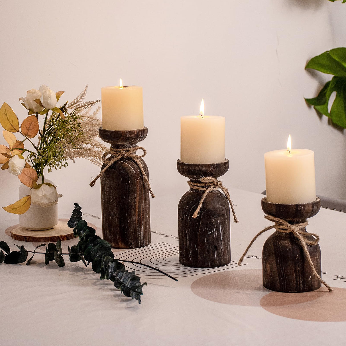 Farmhouse Wooden Candle Holders for Pillar Candles, Brown Distressed Set of 3 Rustic Wood Pillar Wood Candle Stands with Hemp Rope Bow Table Centerpiece Decor for Fireplace, Living, and Dining Room OKSQW