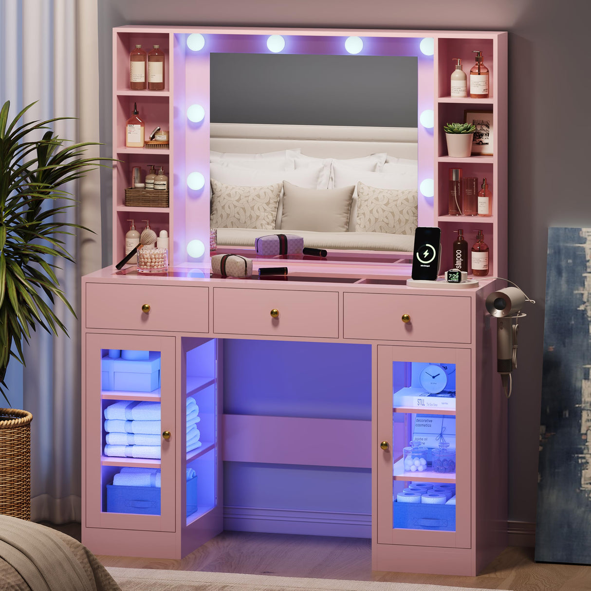 Makeup Vanity Desk with Mirror and Lights, Glass Top Vanity Table Set with Drawers & Power Outlet, Large Dressing Table with 3 Color Lighting Modes & RGB Cabinets for Women Girls Kids Bedroom, Pink Xixini
