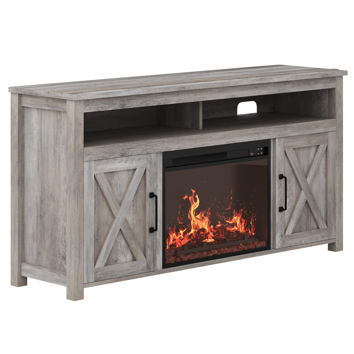 BELLEZE Barn Door Wood Electric Fireplace TV Stand for TVs up to 65 Inches Open Shelves and Cabinets Media Entertainment Center Console Table - Corin (Gray Wash) BELLEZE