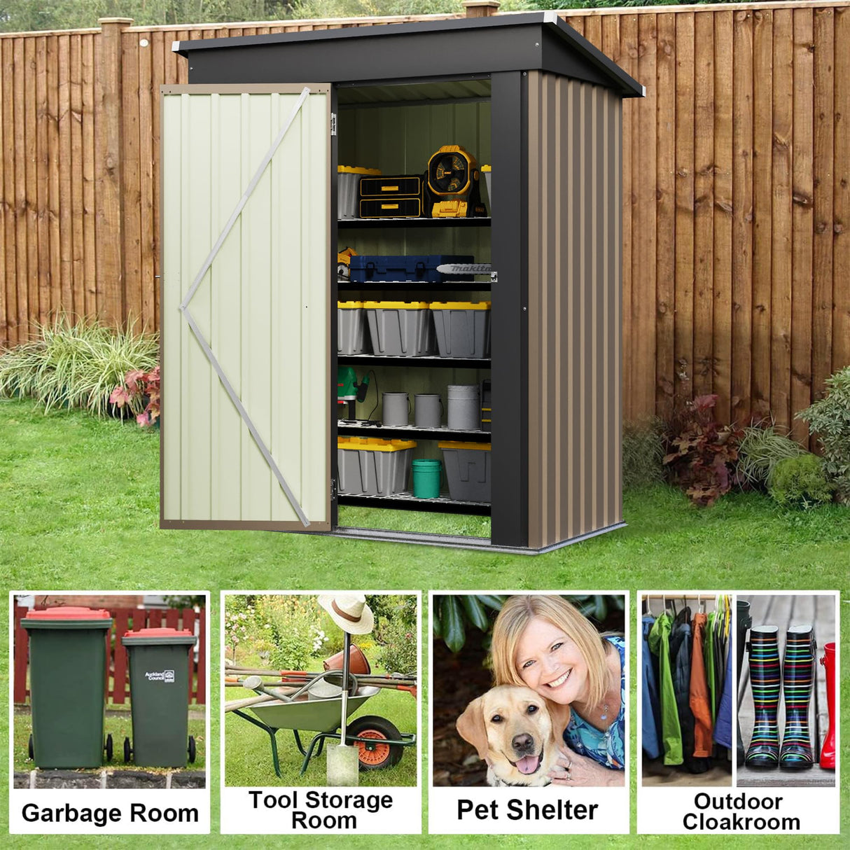 JUMMICO Metal Outdoor Storage Shed 5 x 3 FT Metal Shed with Lockable Door,Waterproof Garden Tool Shed Storage House for Backyard Patio Lawn, Brown JUMMICO