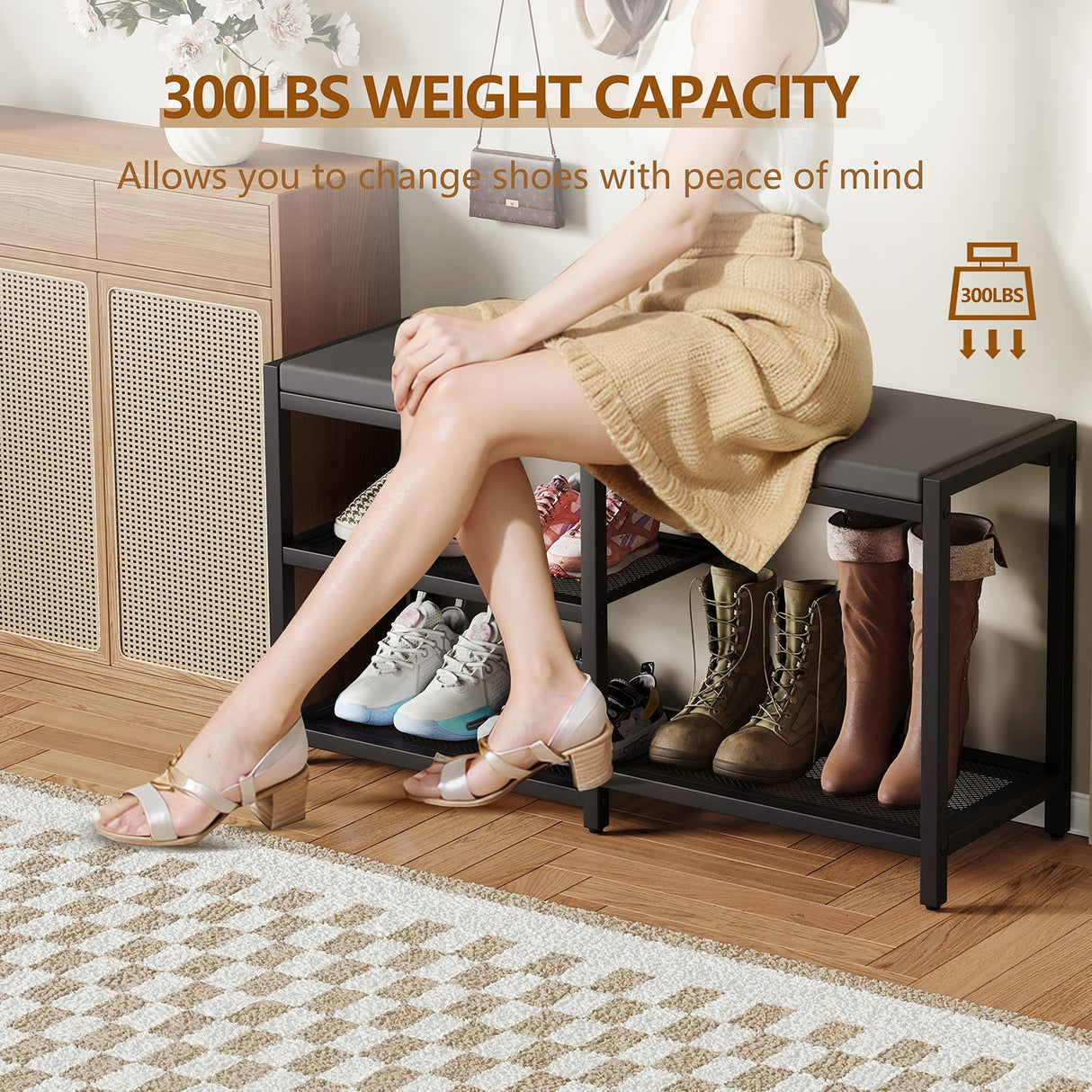 ZHOOGE Shoe Bench & Rack Storage Bench - Entryway Bench with Seat Cushion, Stable Organizer for Entryway & Living Room, Holds Up to 300 lb, (35" L x 12" W x 17" H, Black) ZHOOGE