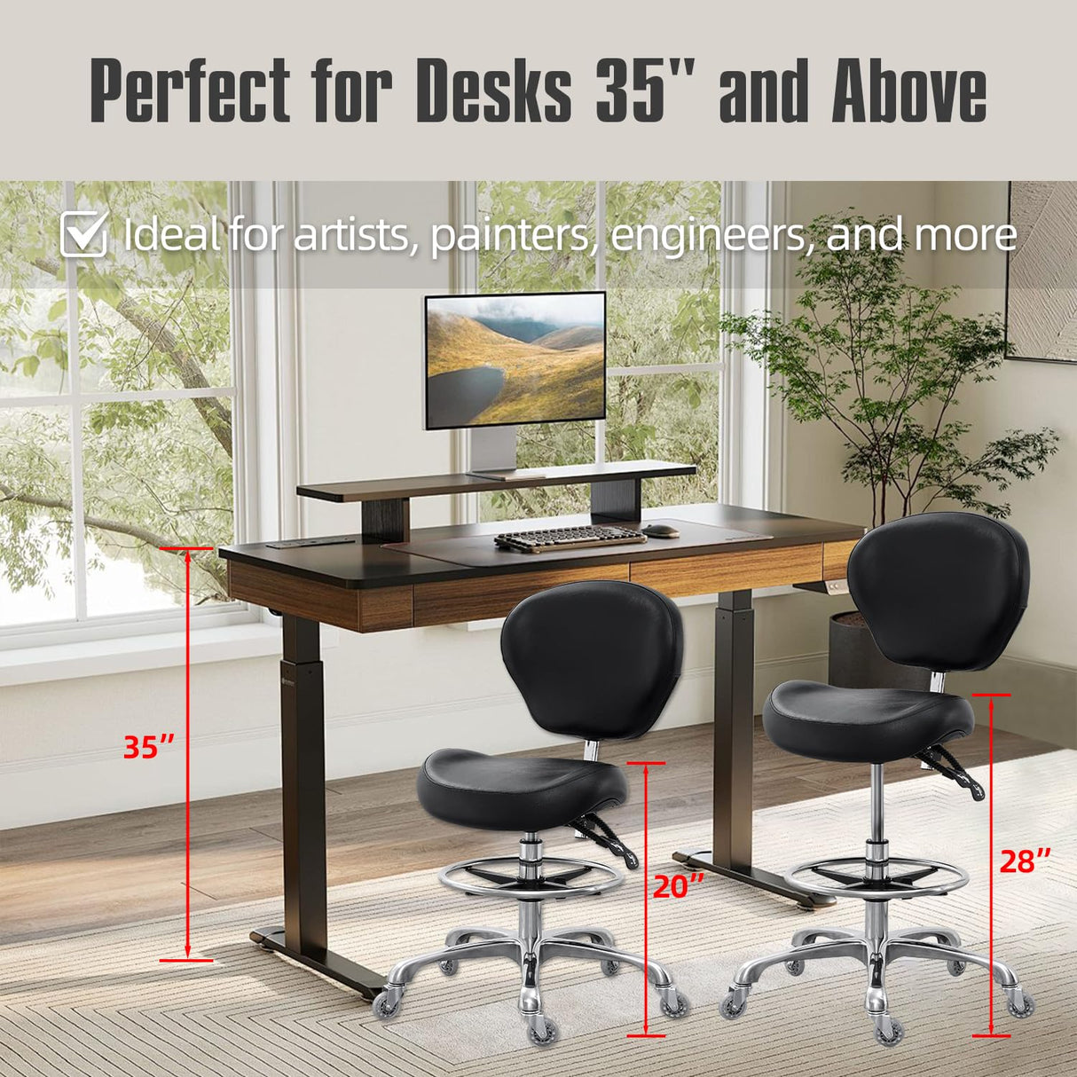 Grace&Grace Drafting Chair Adjustable Tall Shop Stool, Rolling Stool with Back Support for Studio, Classroom, Lab, Counter, Medical (Black) Grace&Grace