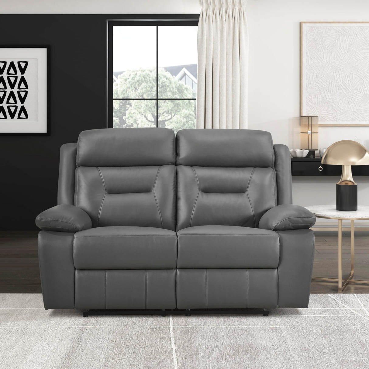 Lexicon Reclining Sofa for Living Room, Double Recliner RV Couch, Manual Wall Hugger Recliner, Home Theater Seating Leather Match Reclining Sofa with Pillow Top Armrests, 62.5''W Loveseat, Dark Grey Lexicon