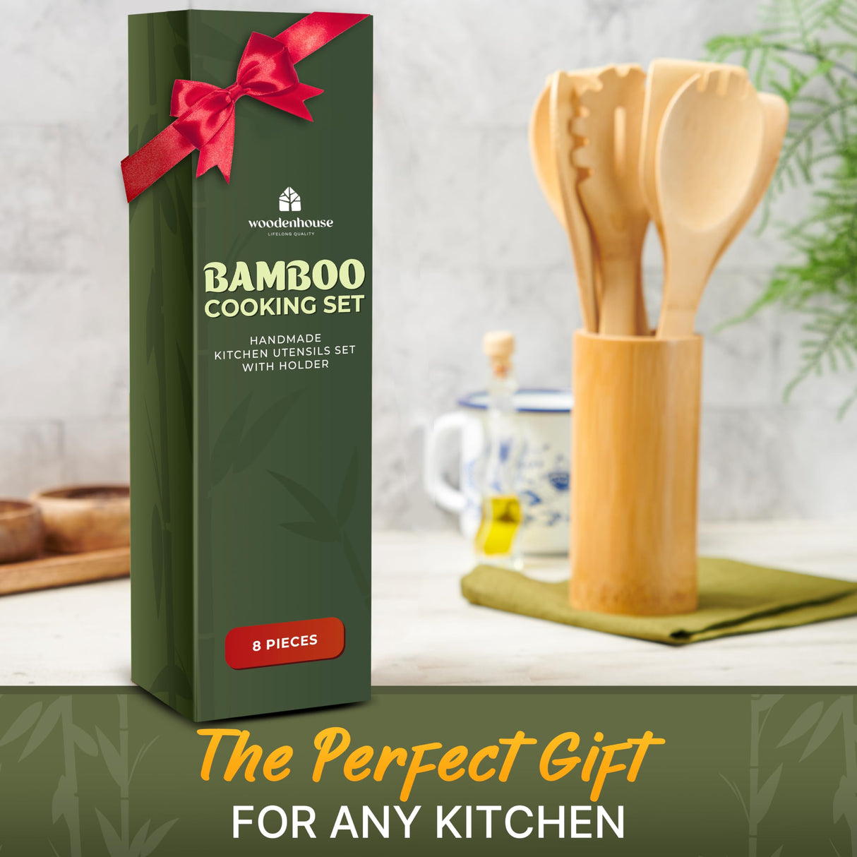 Bamboo Wooden Spoons for Cooking 7 PCs with Holder – Wooden Cooking Utensils + Holder for Nonstick – Wooden Utensil Set – Easy to Clean, Sturdy, Lightweight & Heat Resistant WOODENHOUSE LIFELONG QUALITY