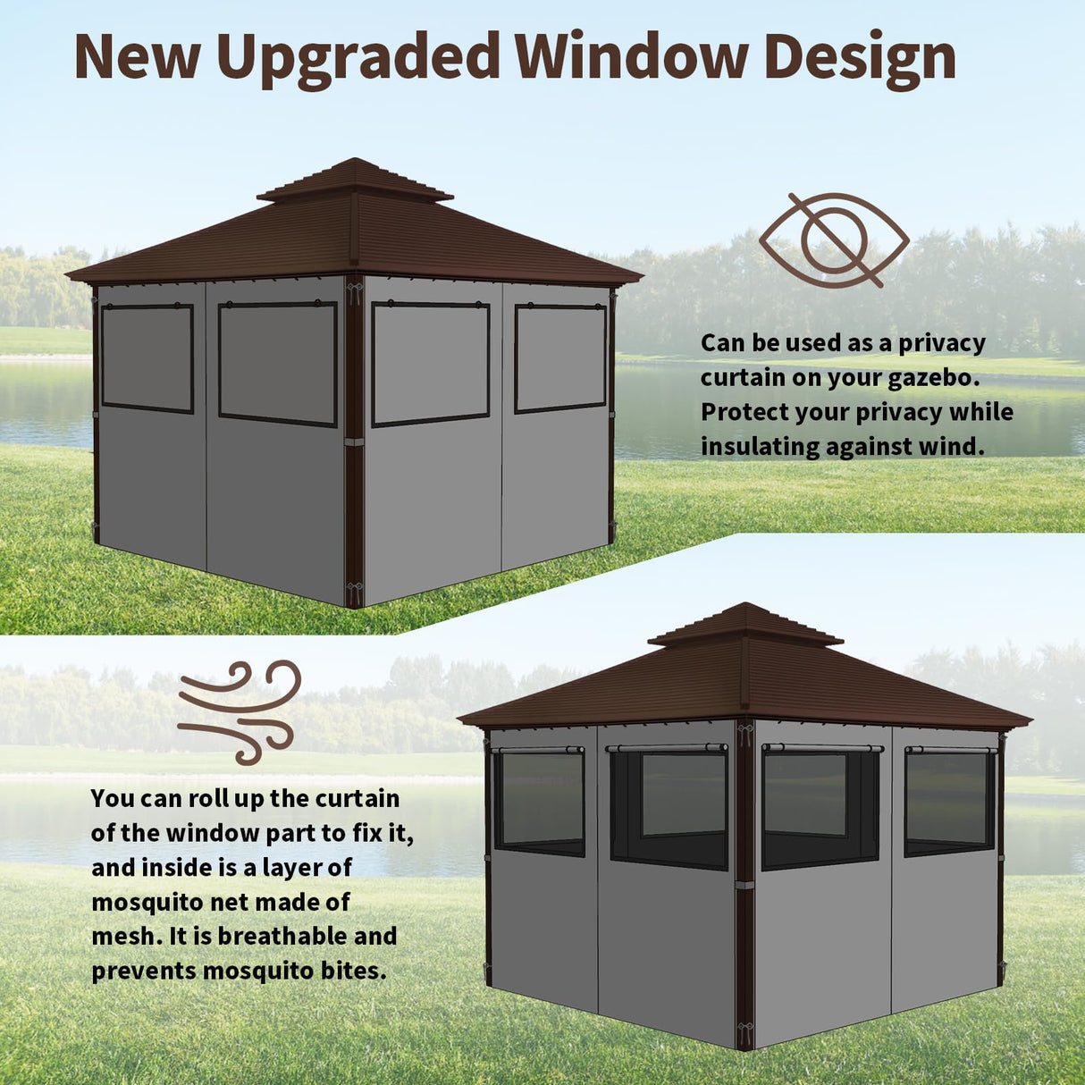 homegroove Gazebo Universal Replacement Privacy Curtain, 10'x10' Gazebo Curtains Outdoor Waterproof, 4-Panels Sidewall Curtains with Zipper and Mesh Windows for Backyard, Garden, Yard homegroove