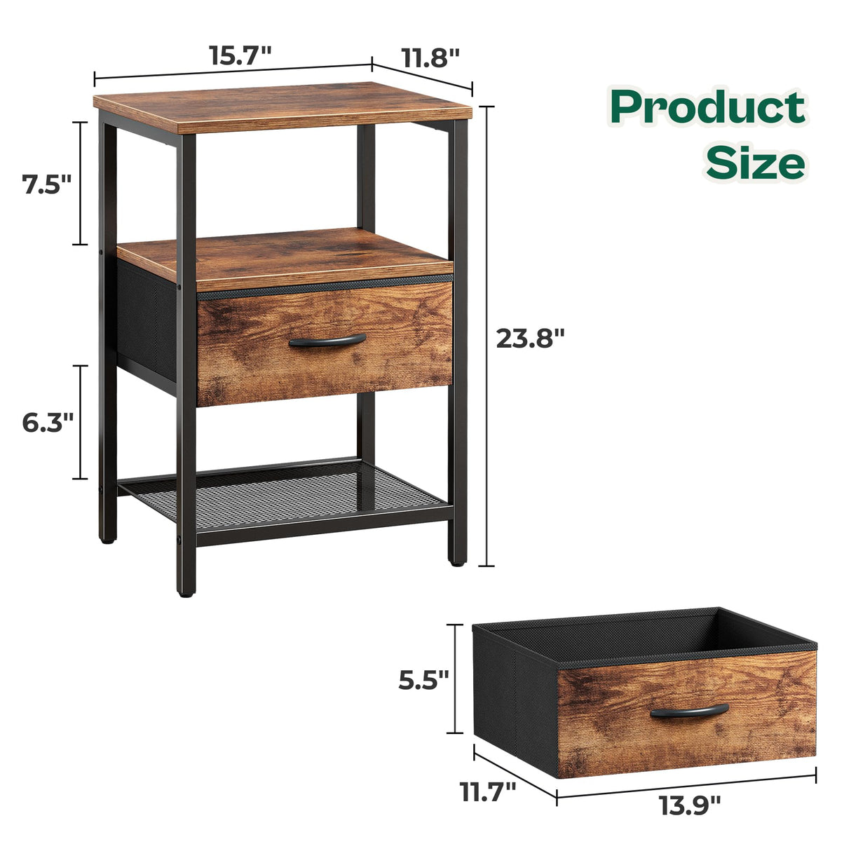 Huuger Rustic Brown Nightstand Set with Fabric Drawer and Mesh Shelf - Versatile Side Tables for Any Room Huuger