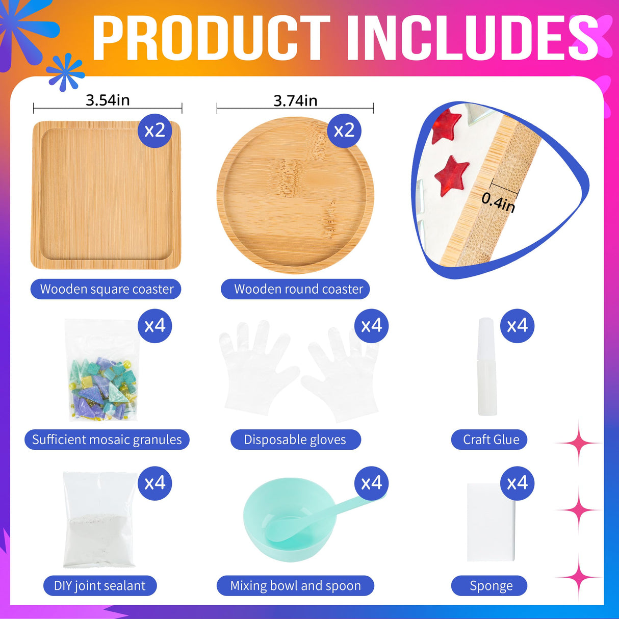 Joyclub 4 Sets DIY Glass Mosaic Tiles for Crafts Mosaic Kits for Adults and Kids with Wooden Coasters for Drinks Tray Creative Handmade Making Supplies Home Decor Art Christmas Gifts Joyclub