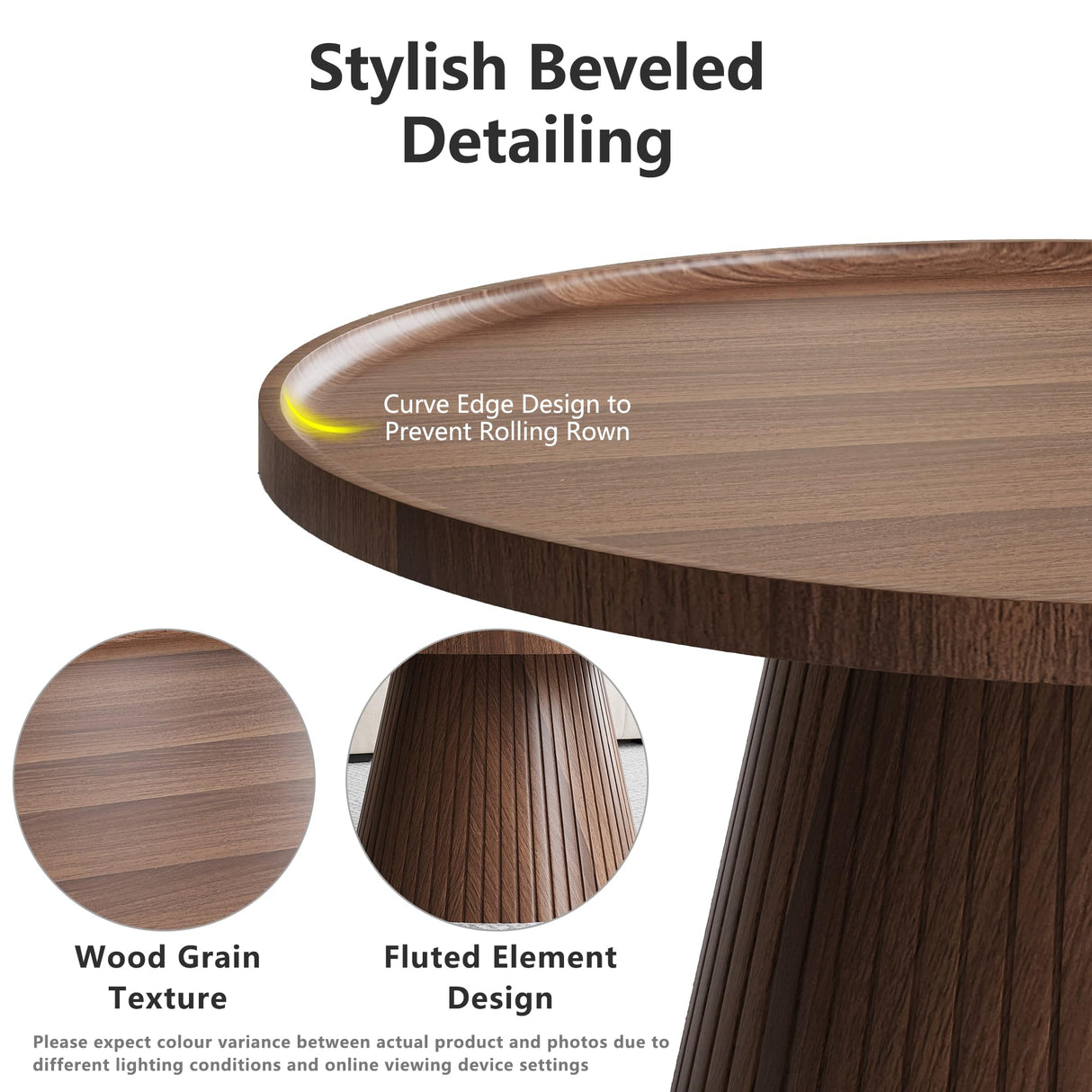 win2win Nesting Coffee Table Set of 2, Mid Century Modern Coffee Table with Wood Grain Veneer, Fluted Round Tea Table and End Table Set, Minimalist Center Tables for Living Room, Office, Walnut win2win