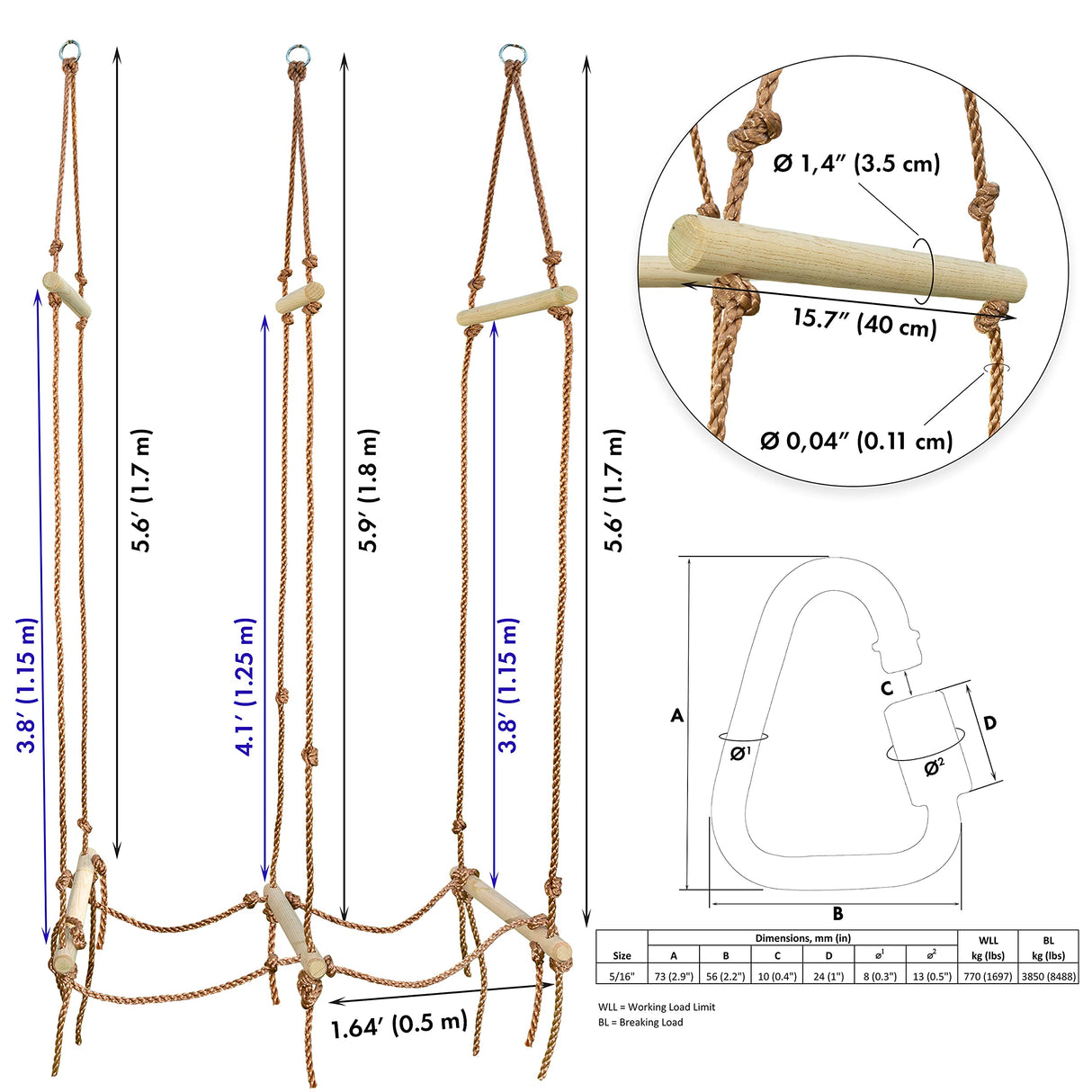 Rickety Bridge Rope Ladder - Ninja Slack line Accessories - Backyard Obstacle Course Accessories for Ninja Warrior Training - Rope Bridge Skip for Kids Cateam