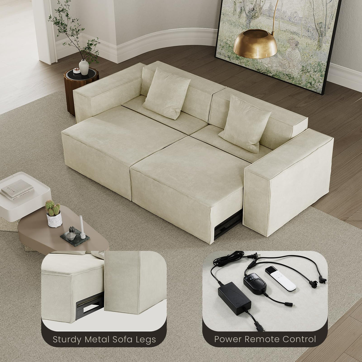 POVISON Smart 92.91" Power Loveseat Sofa Bed Sleeper Sofa, Sectional Sofa Couch with Track Arm, 2 Couch Pillows, Anti-Scratch & Water-Proof, Beige POVISON Smart