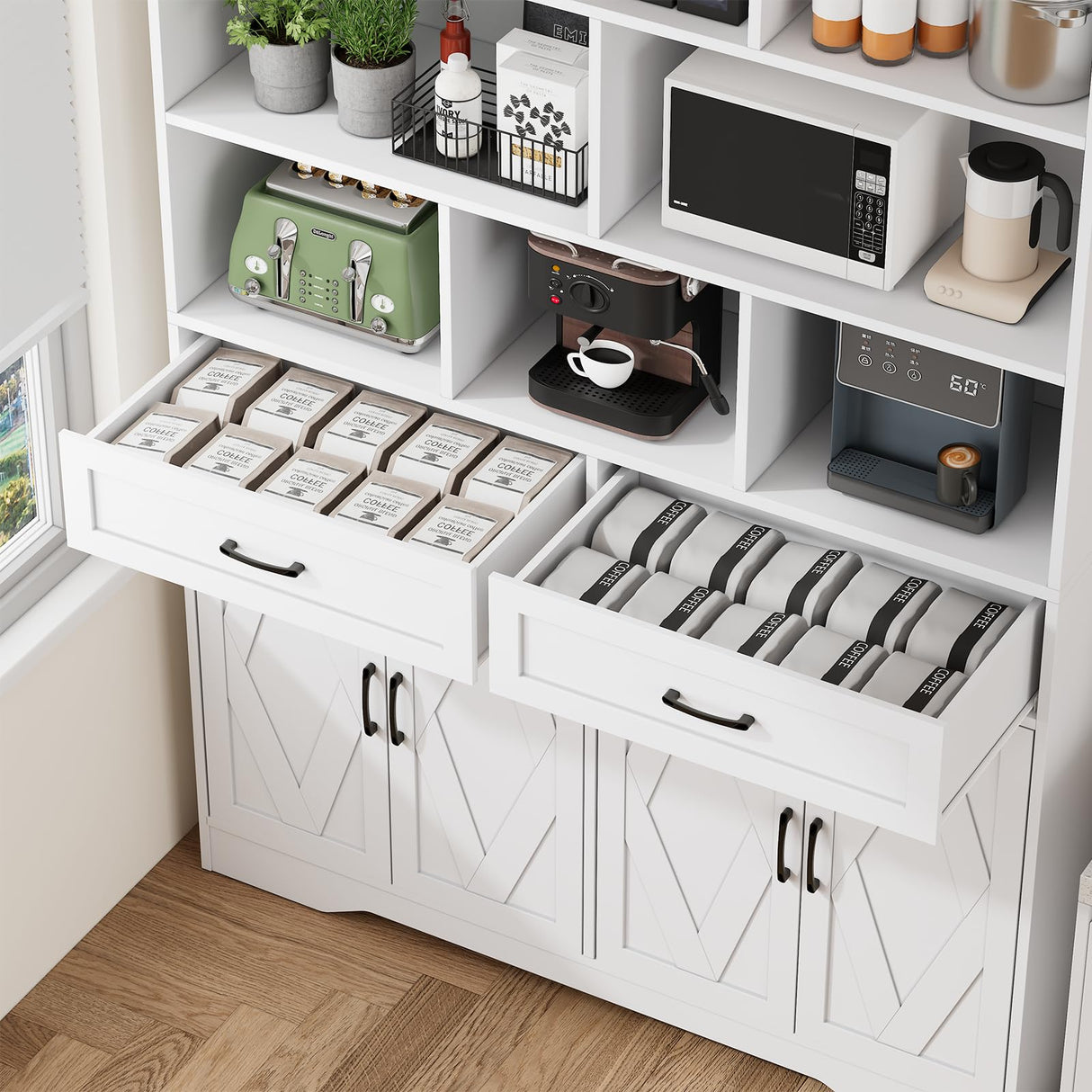 Wanttii Large Bookshelves and Bookcase with Doors, 8-Tier Wooden Bookshelves with Cabinet Doors, Tall Storage Cabinet for Home Office, Living Room, Bedroom (Industrial White) Wanttii