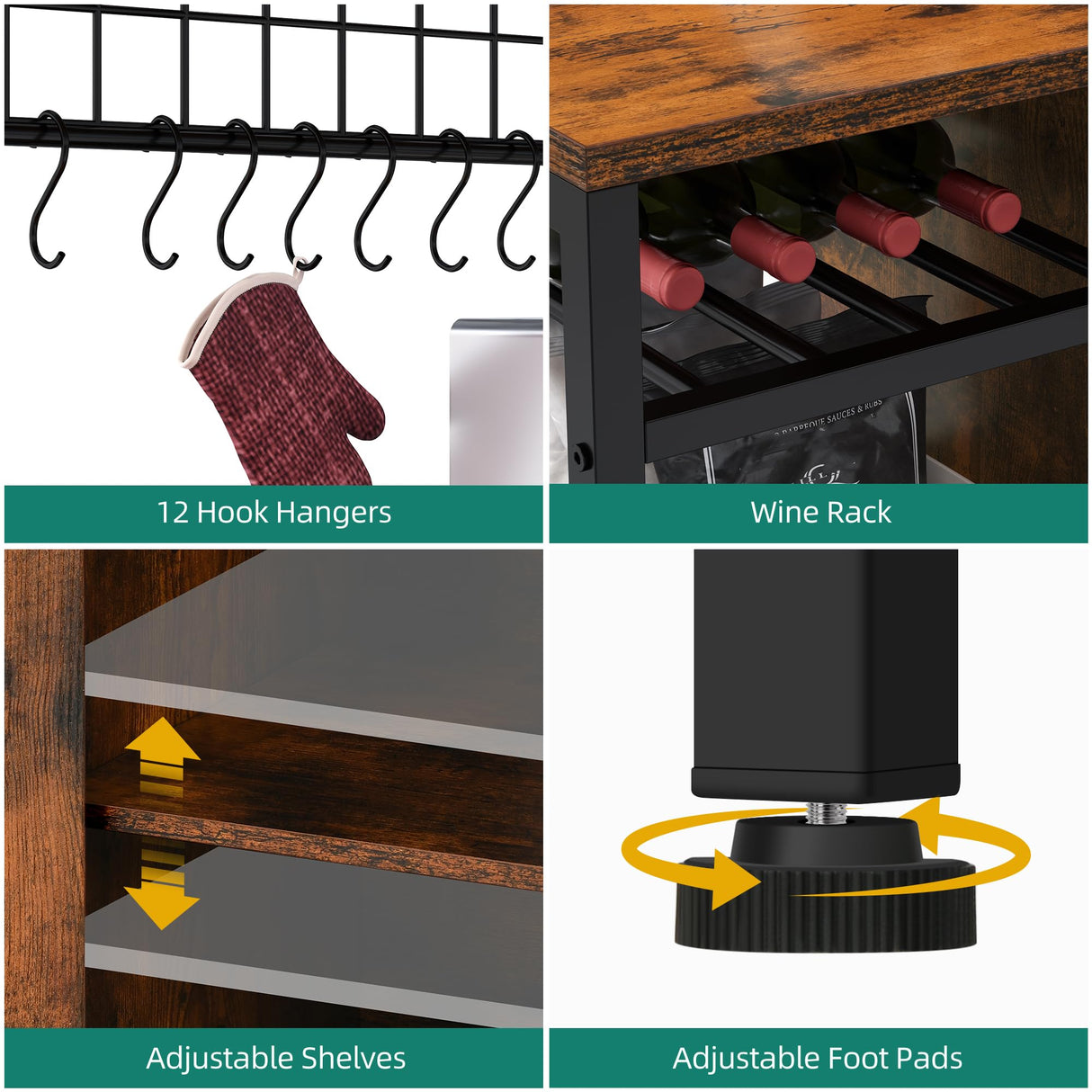 YITAHOME Large Bakers Rack with Power Outlet and Storage Cabinet, 47 Inch Farmhouse Coffee Bar Cabinet, Kitchen Microwave Stand with Wine Shelves and 12 Hooks, Rustic Brown YITAHOME