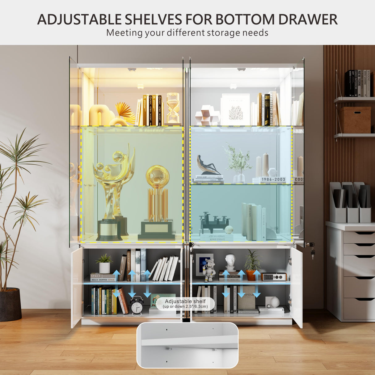 Lvifur 71” Glass Display Cabinet with Lights, Modern Curio Cabinet Display Cases for Collectibles, Locking Cabinet with Shelves & Drawers, Tall Bookcase with Human Body Sensor for Living Room (White) Lvifur